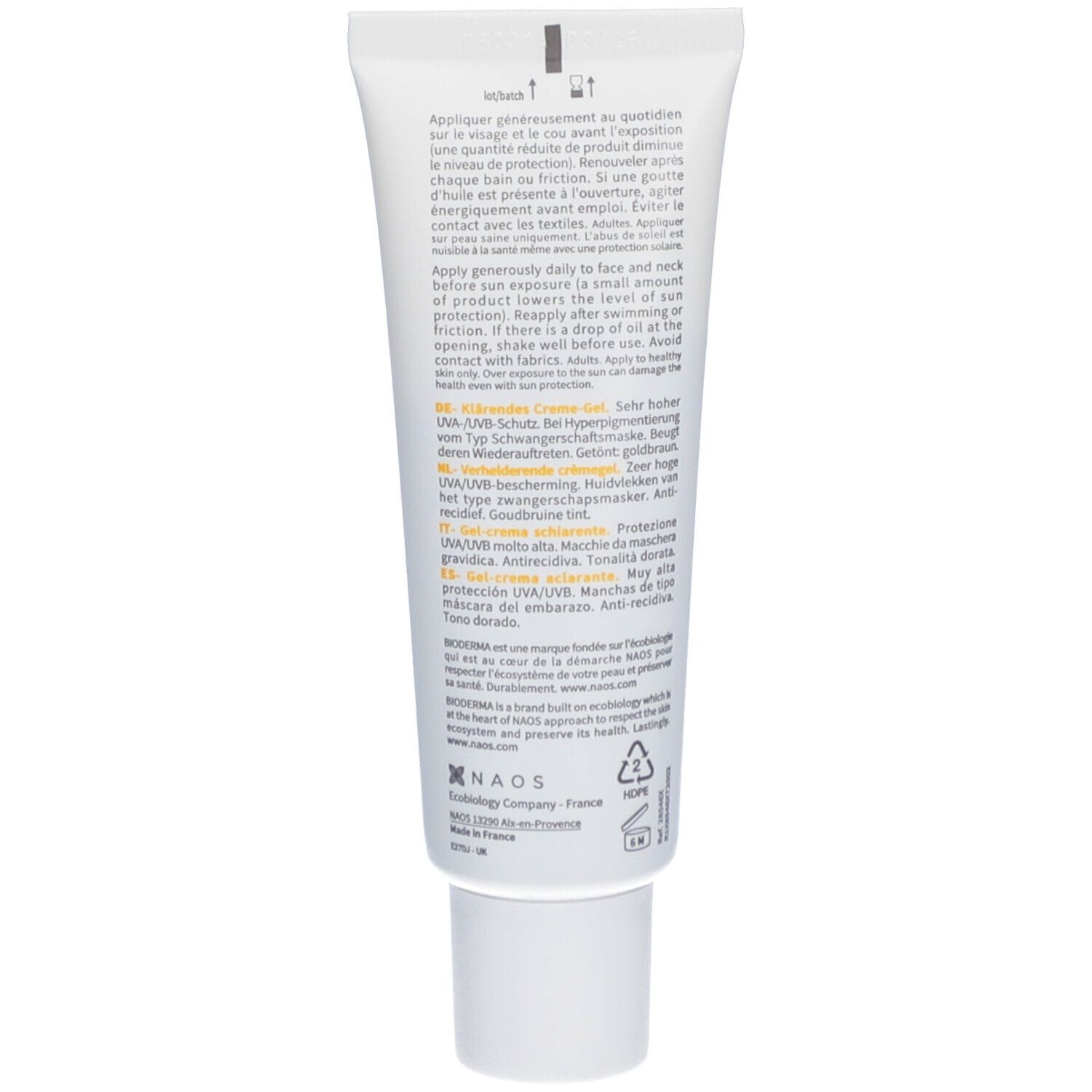 Rückseite der BIODERMA Photoderm M Tube. Text in mehreren Sprachen. Enthält Anweisungen zur Anwendung und Inhaltsstoffe.