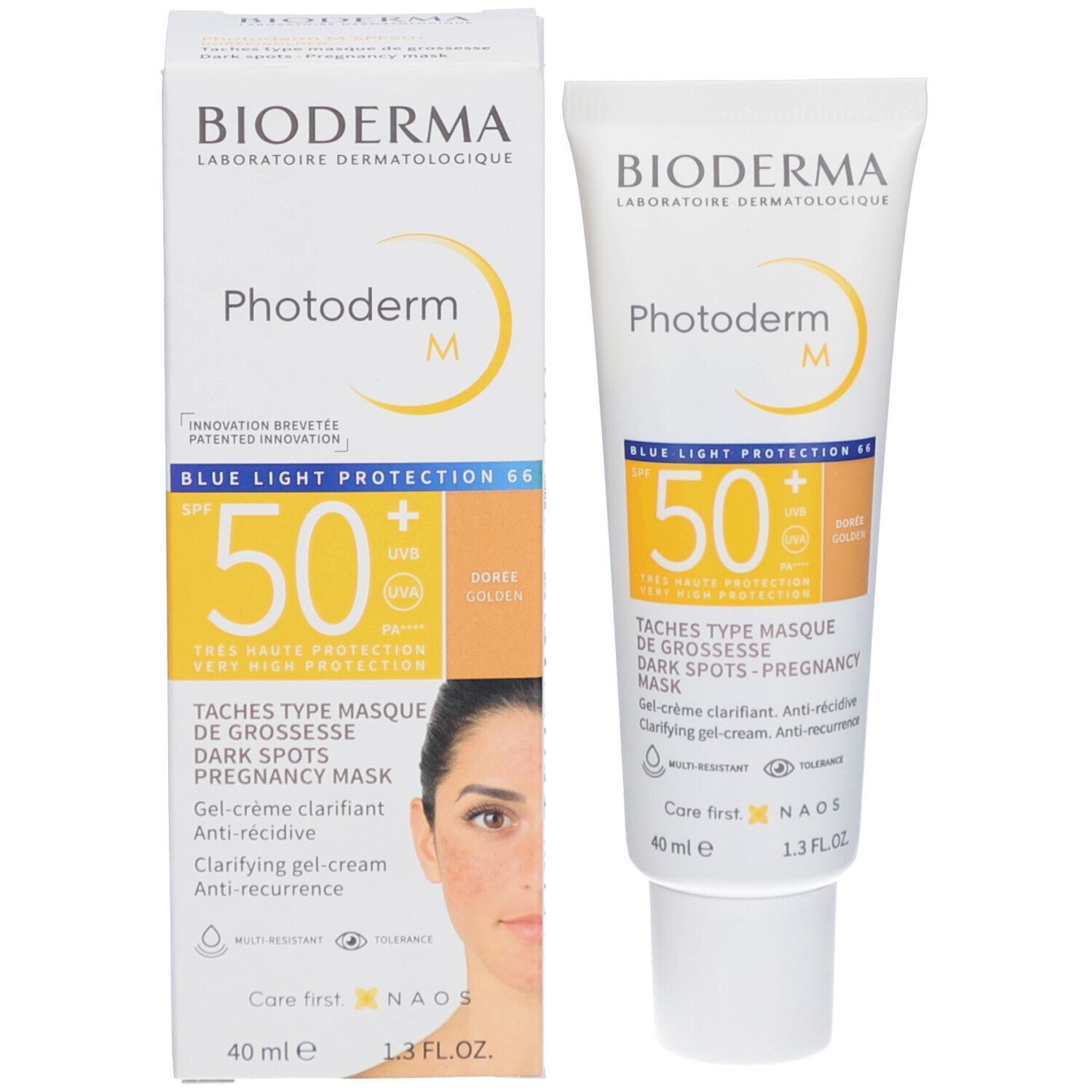 BIODERMA Photoderm M Gel-Creme und Verpackung. Aufschrift: SPF 50+, Gold-Tönung, Gel-Creme gegen Schwangerschaftsmaske. Frauengesicht.