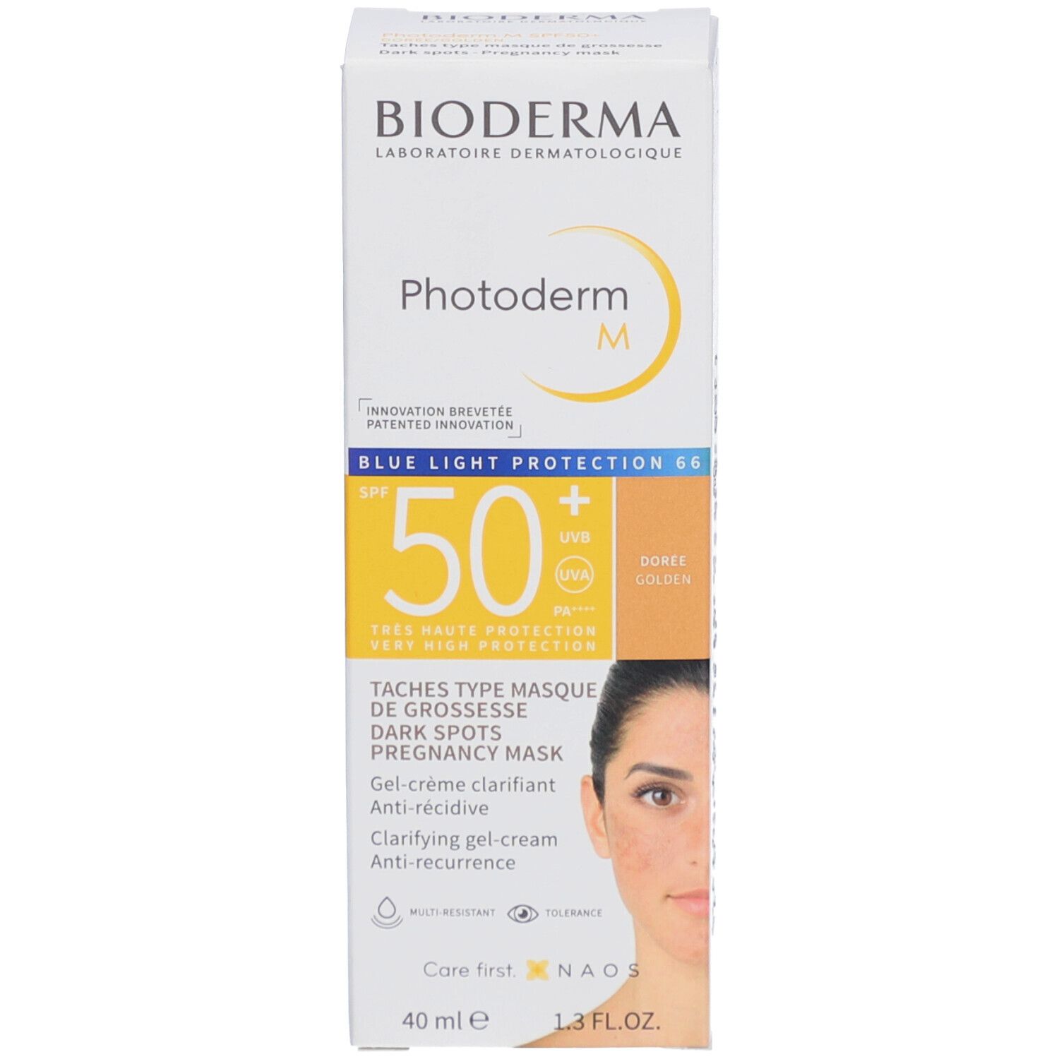Verpackung von BIODERMA Photoderm M. Aufschrift: SPF 50+, Gold-Tönung, Gel-Creme gegen Schwangerschaftsmaske. Frauengesicht.