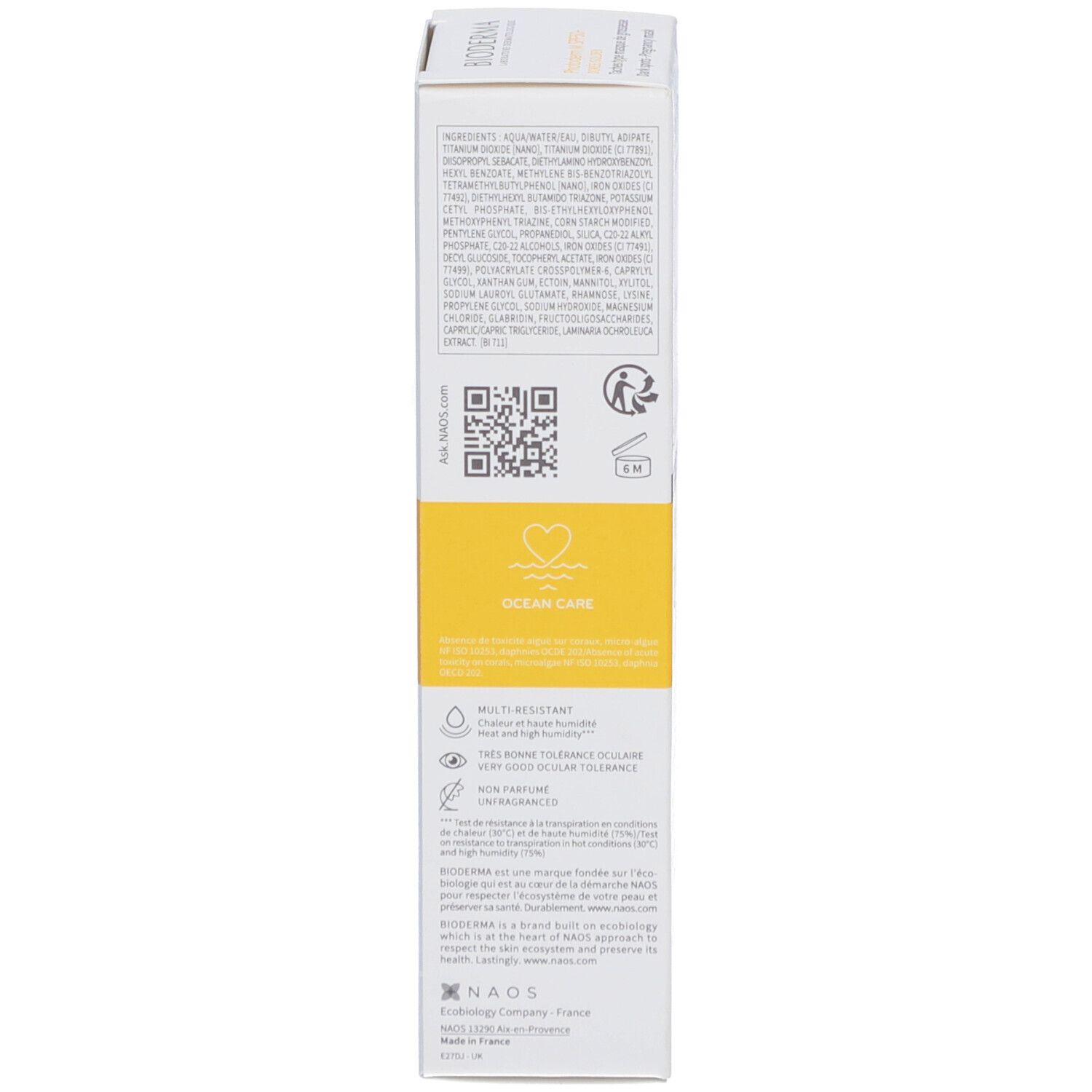 Seite der BIODERMA Photoderm M Verpackung. Text mit Inhaltsstoffen, QR-Code, Ocean Care Logo und weitere Informationen.