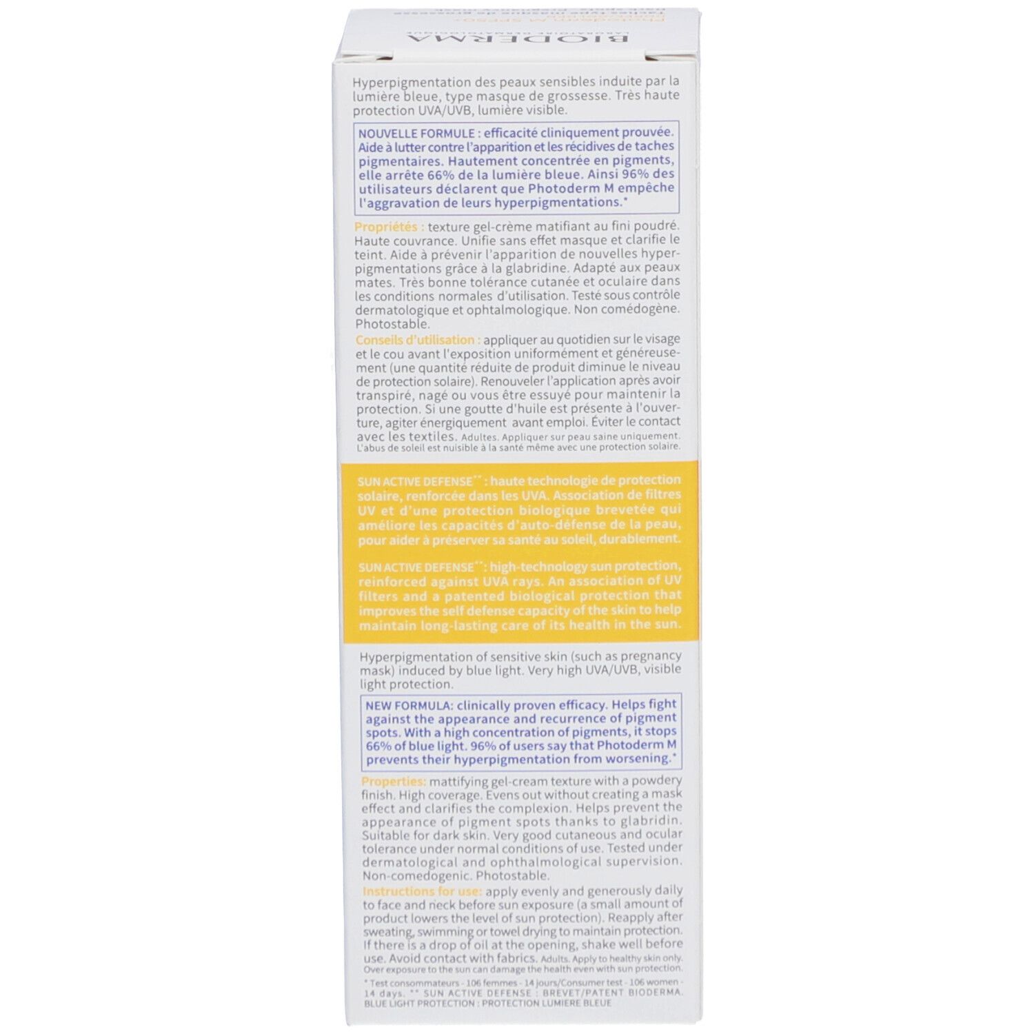 Seite der BIODERMA Photoderm M Verpackung. Text mit Produktinformationen, Beschreibung und Anwendungshinweisen.