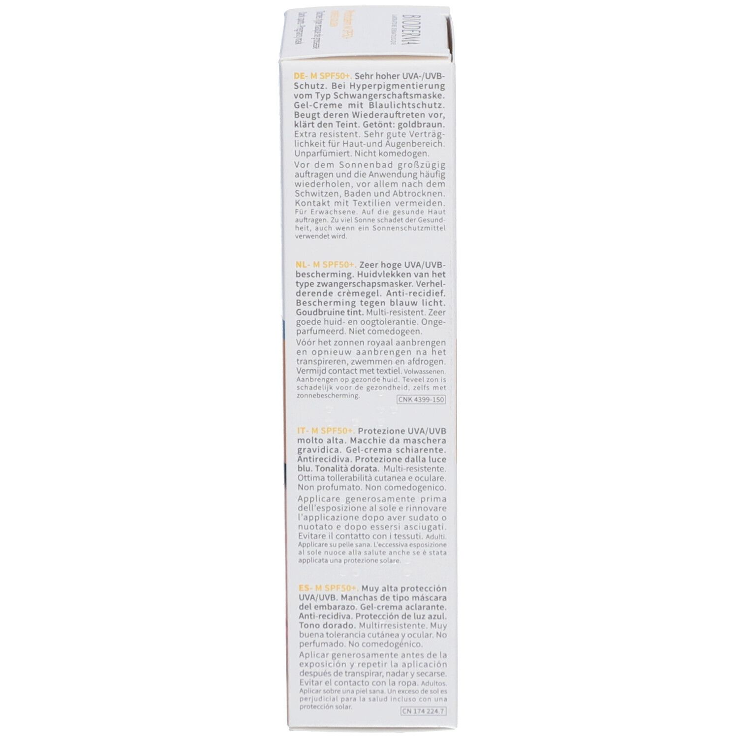Seite der BIODERMA Photoderm M Verpackung. Text mit Produktinformationen, Beschreibung und Anwendungshinweisen.