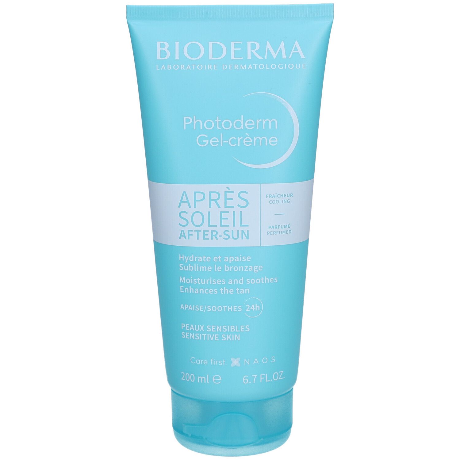 Tube bleu clair avec texte blanc. Inscription: BIODERMA, Photoderm Gel-crème, Après Soleil After-Sun. 200 ml.
