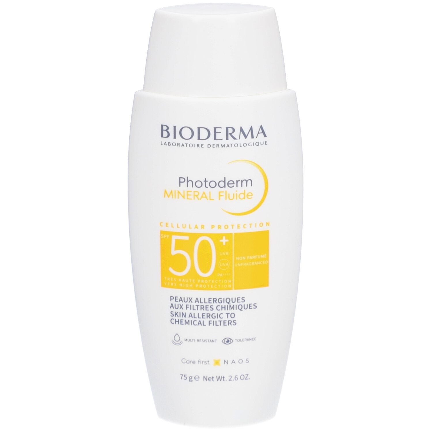 Weiße Flasche mit gelben Akzenten. Aufschrift: BIODERMA, Photoderm MINERAL Fluide SPF50+. Für allergische Haut.