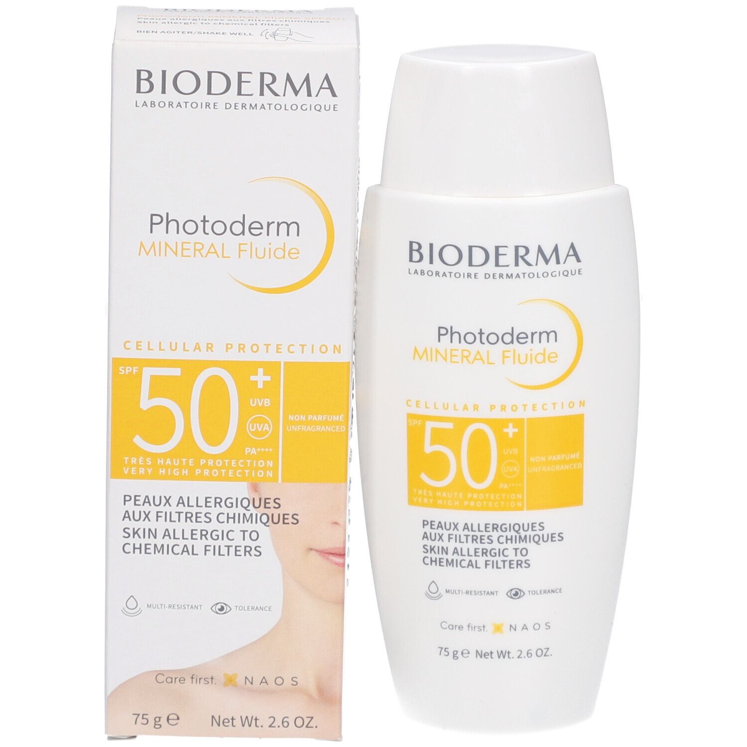 Produkt und Verpackung. Weiße Schachtel und Flasche. Aufschrift: BIODERMA, Photoderm MINERAL Fluide SPF50+.