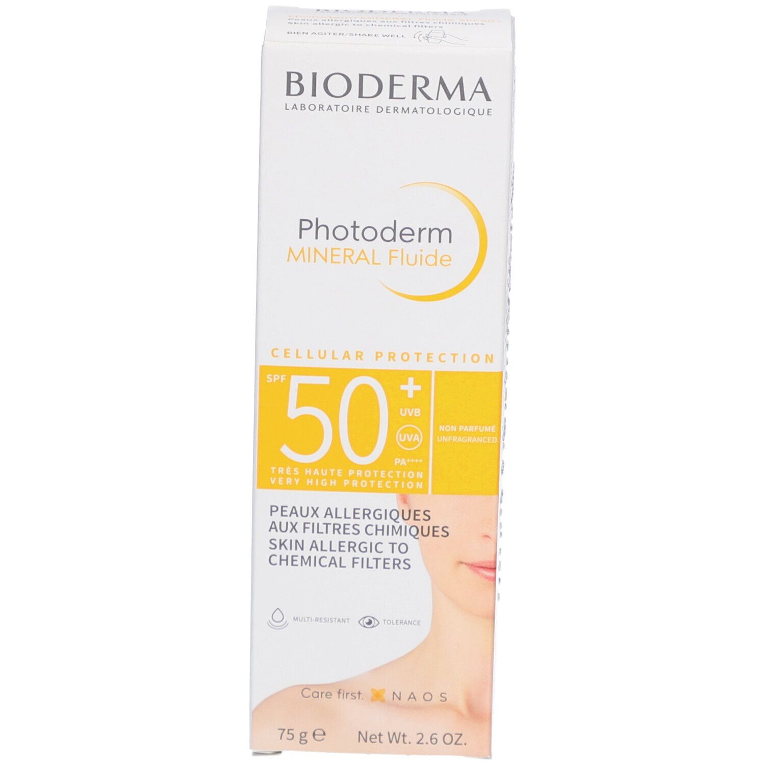 Weiße Schachtel. Aufschrift: BIODERMA, Photoderm MINERAL Fluide SPF50+. Produktabbildung und Text.