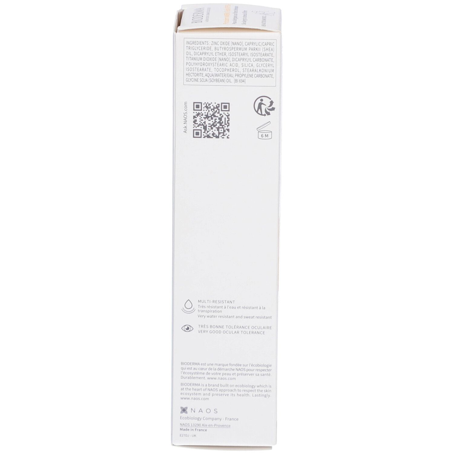 Weiße Schachtel, Seitenansicht. Text: Inhaltsstoffe, QR-Code, Recycling-Symbole, NAOS-Logo.
