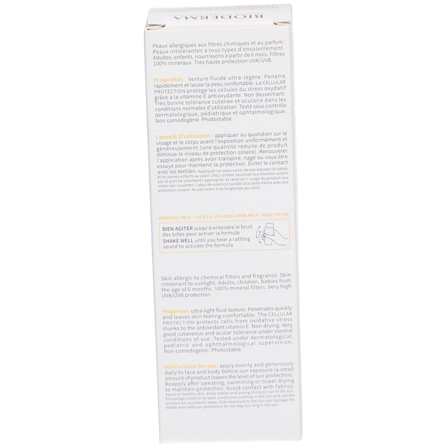 Weiße Schachtel, Text: Anwendung, Eigenschaften, Inhaltsstoffe, für allergische Haut, UV-Schutz.