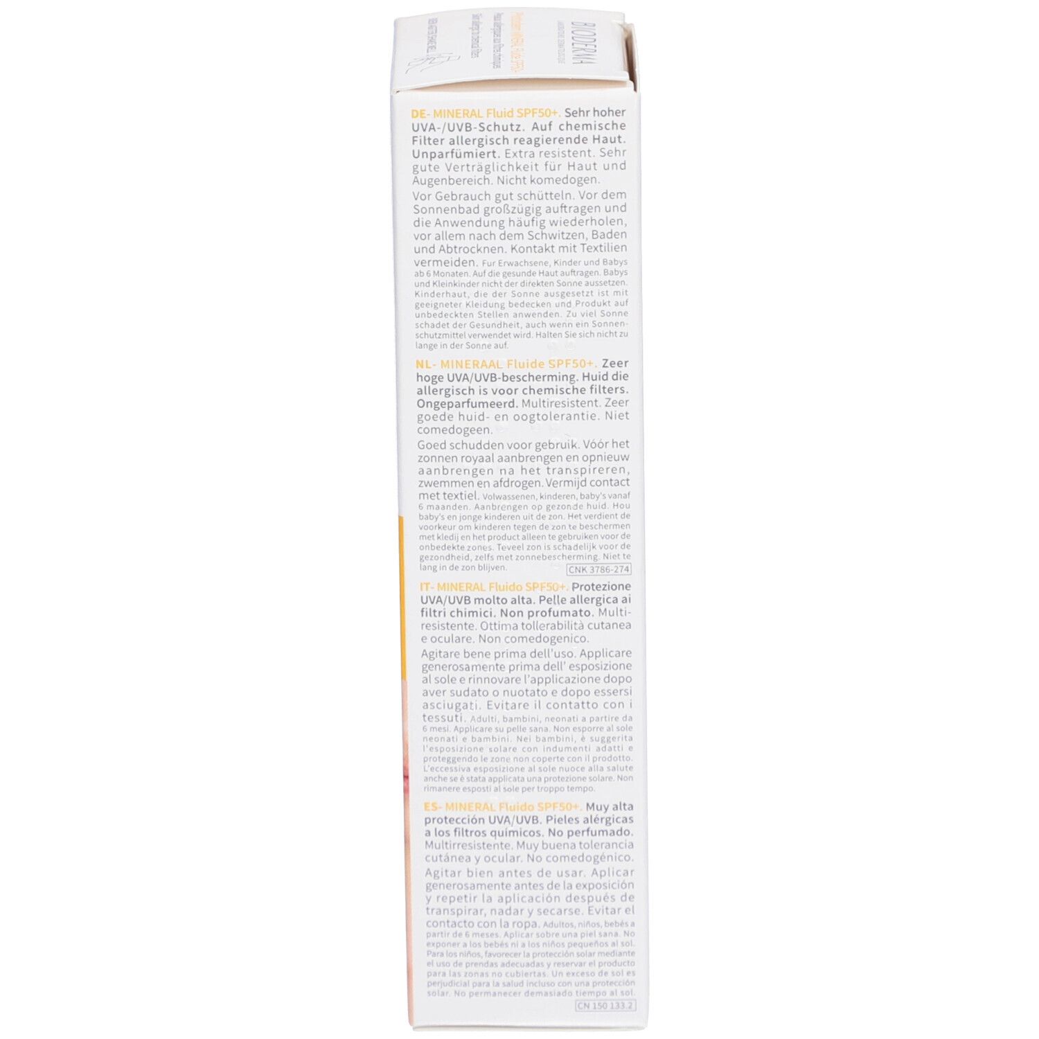 Weiße Schachtel, Text: Anwendungshinweise in verschiedenen Sprachen, UV-Schutz, für allergische Haut.