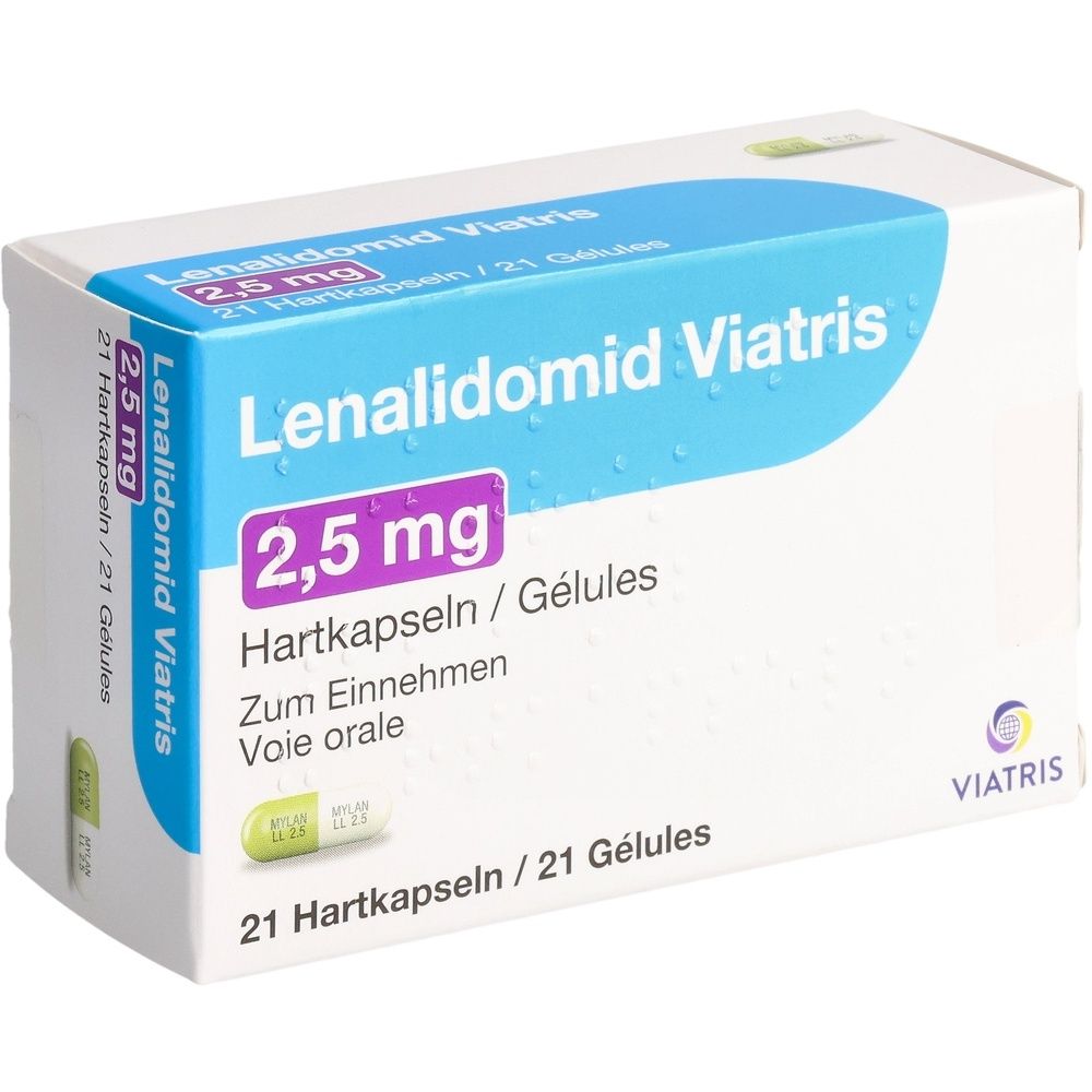 Schachtel mit Lenalidomid Viatris 2,5 mg Hartkapseln. Aufschrift: 21 Hartkapseln/21 Gélules. Viatris Logo.