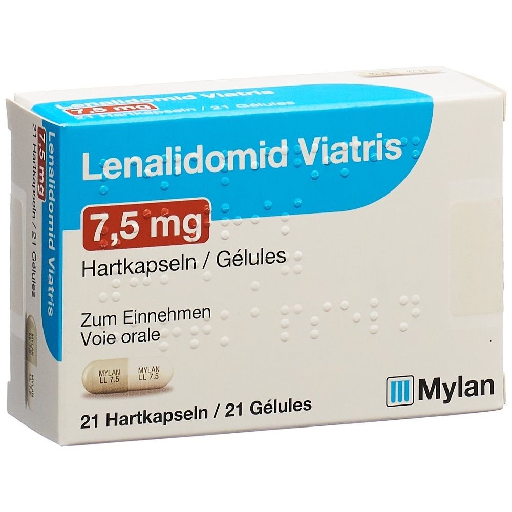 Schachtel mit "Lenalidomid Viatris" und "7,5 mg" Aufschrift. Enthält 21 Hartkapseln. Marke Mylan.