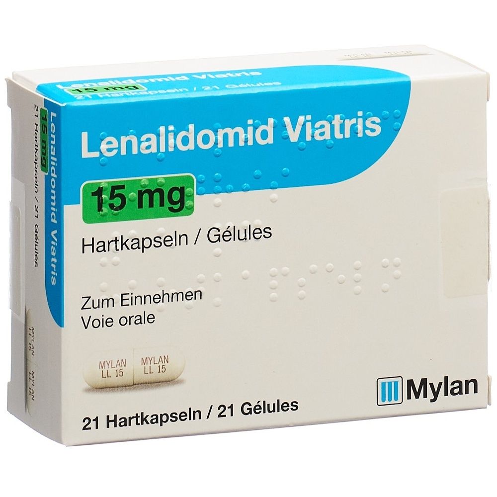 Verpackung von Lenalidomid Viatris 15 mg Hartkapseln. Blaue und weiße Schachtel mit Produktnamen, Dosierung und Mylan-Logo.