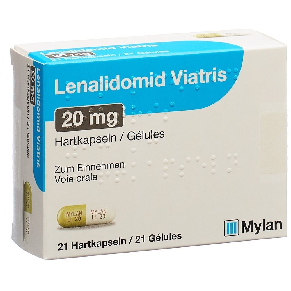 Schachtel mit Lenalidomid Viatris 20 mg Hartkapseln. Aufschrift: 21 Hartkapseln/Gélules. Mylan Logo.