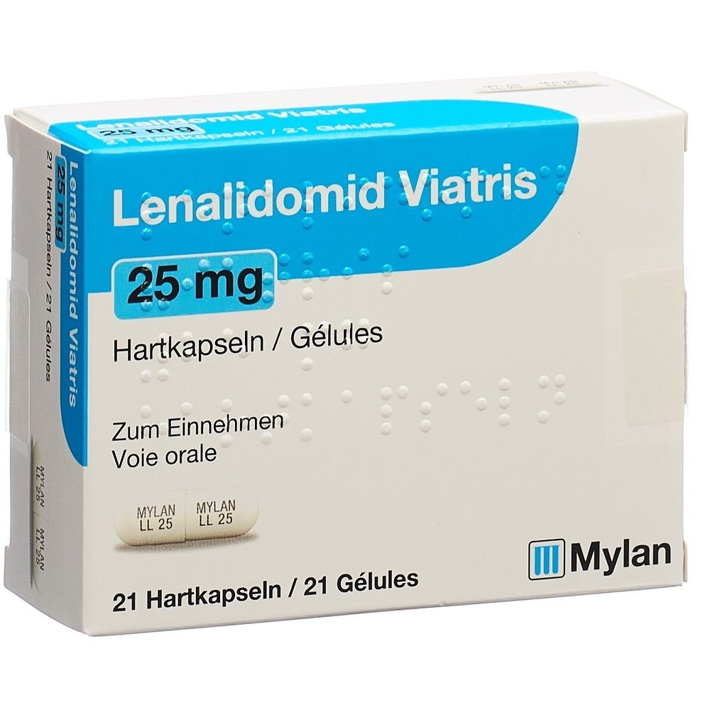 Schachtel mit Lenalidomid Viatris 25 mg Hartkapseln. Blaue und weiße Verpackung mit Produktnamen und Dosierung. Enthält 21 Kapseln.