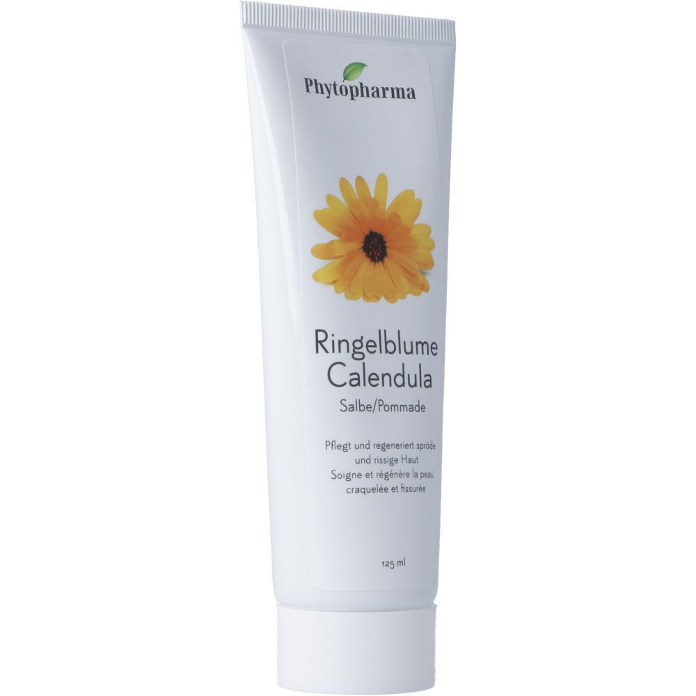 Weiße Tube mit gelbem Blütenmotiv und Schriftzug Ringelblume Calendula. Marke Phytopharma.