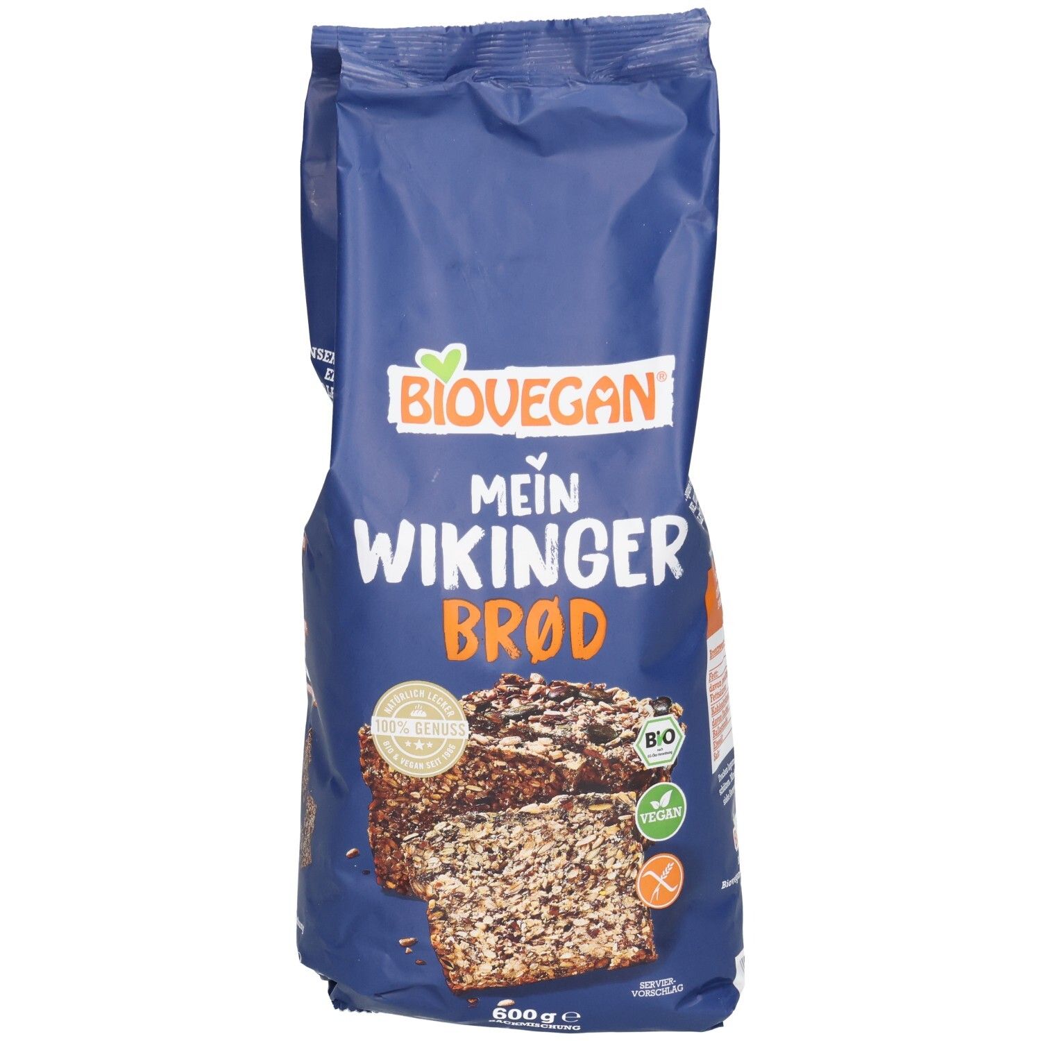Blaue Verpackung mit Aufdruck. Biovegan-Logo, Produktname: Mein Wikinger Brod. Abbildung von Brot. Vegan und glutenfrei.