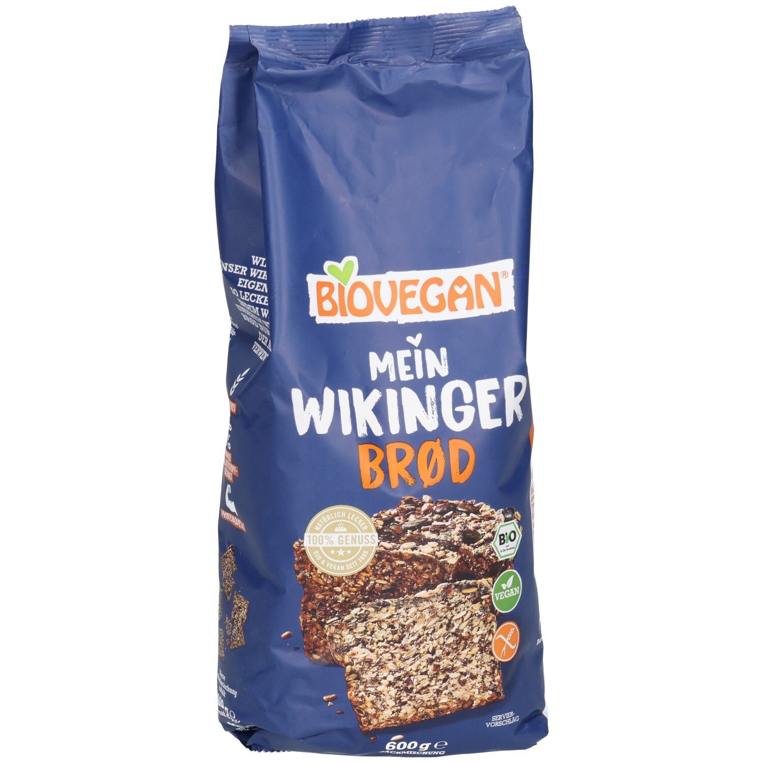 Blaue Verpackung mit Aufdruck. Biovegan-Logo, Produktname: Mein Wikinger Brod. Abbildung von Brot. Vegan und glutenfrei.