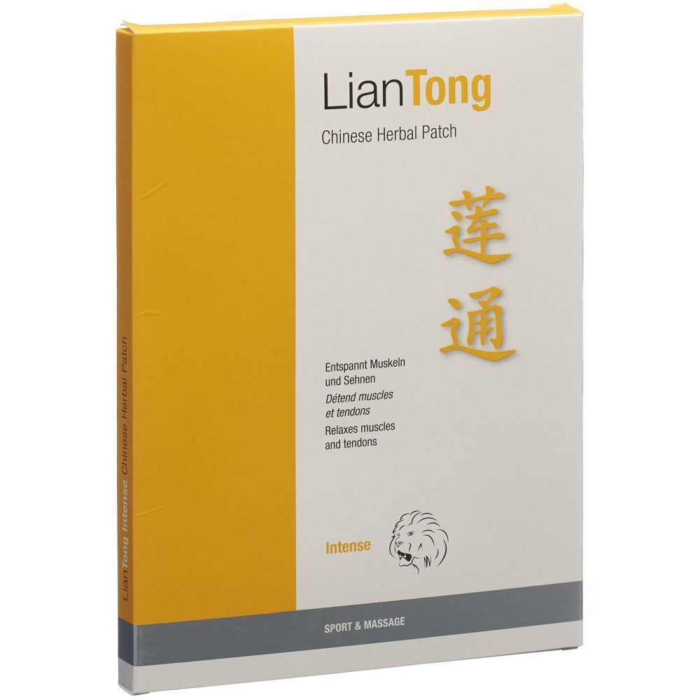 Verpackung von LIANTONG Chinese Herbal Patch. Gelb-weiße Schachtel mit Produktnamen und Logo. Text in Deutsch, Englisch und Chinesisch.