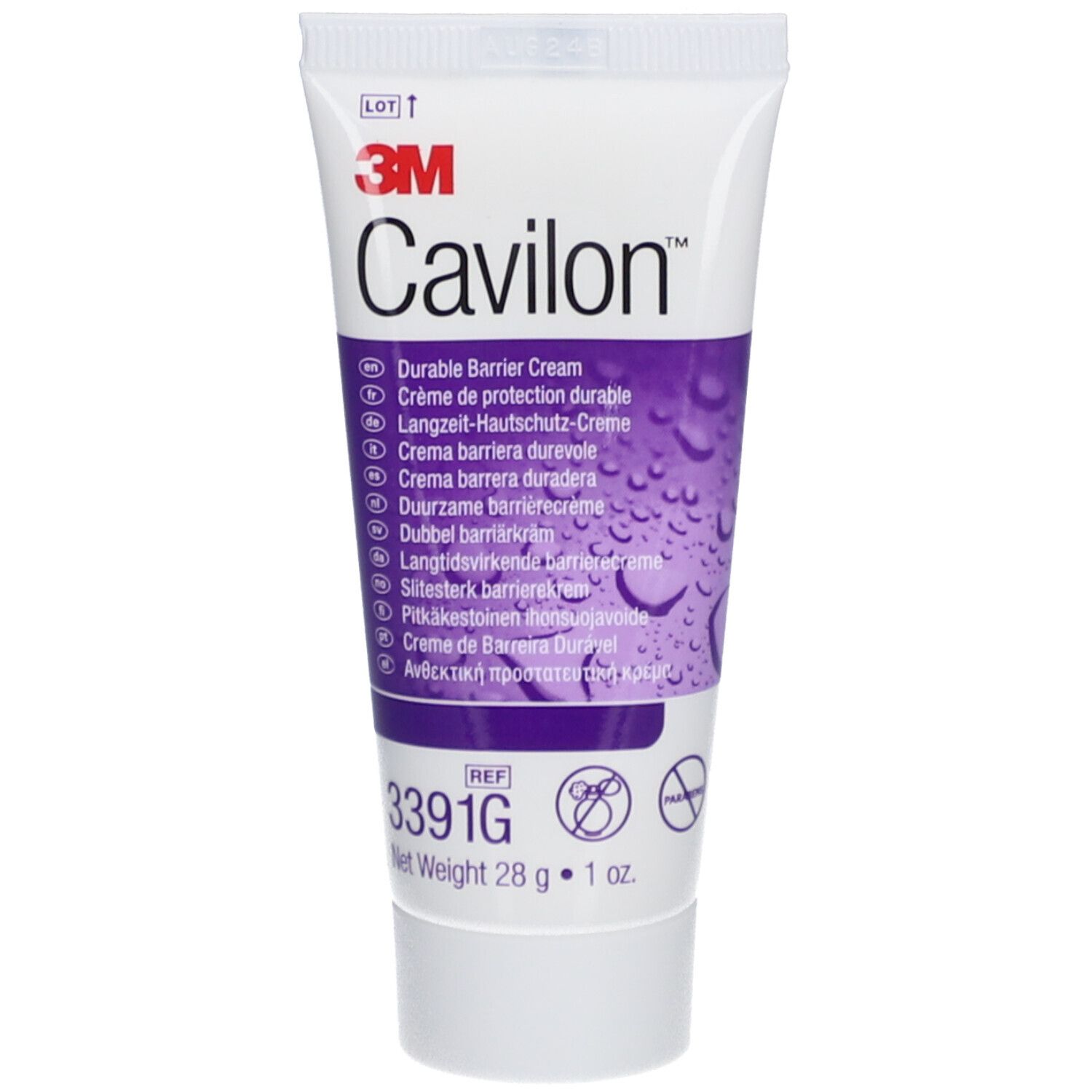 Tube mit 3M Cavilon Creme. Aufschrift: Durable Barrier Cream. Ref. 3391G. Net Weight 28 g.