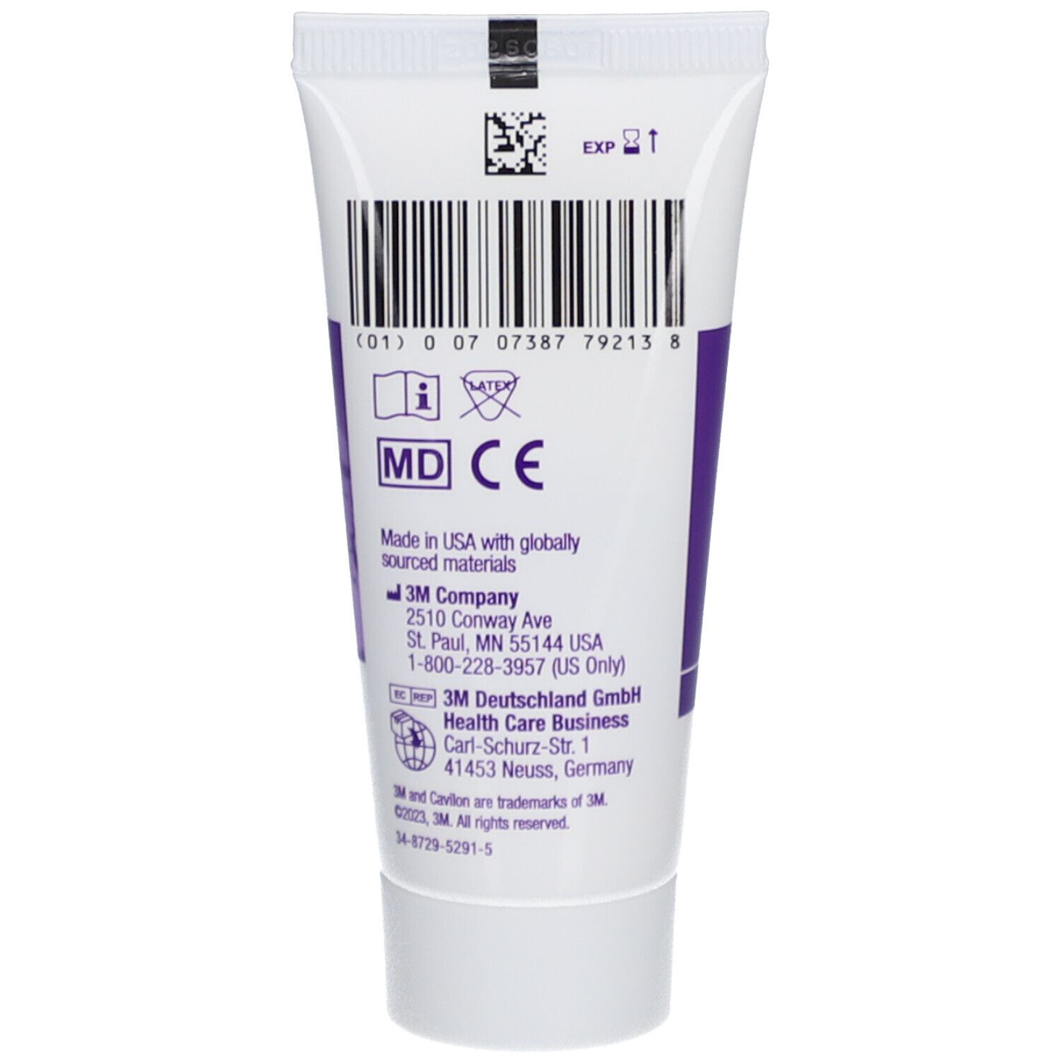 Rückseite der 3M Cavilon Creme Tube. Barcode, MD-Zeichen, Herstellerinformationen und Haltbarkeitsdatum.