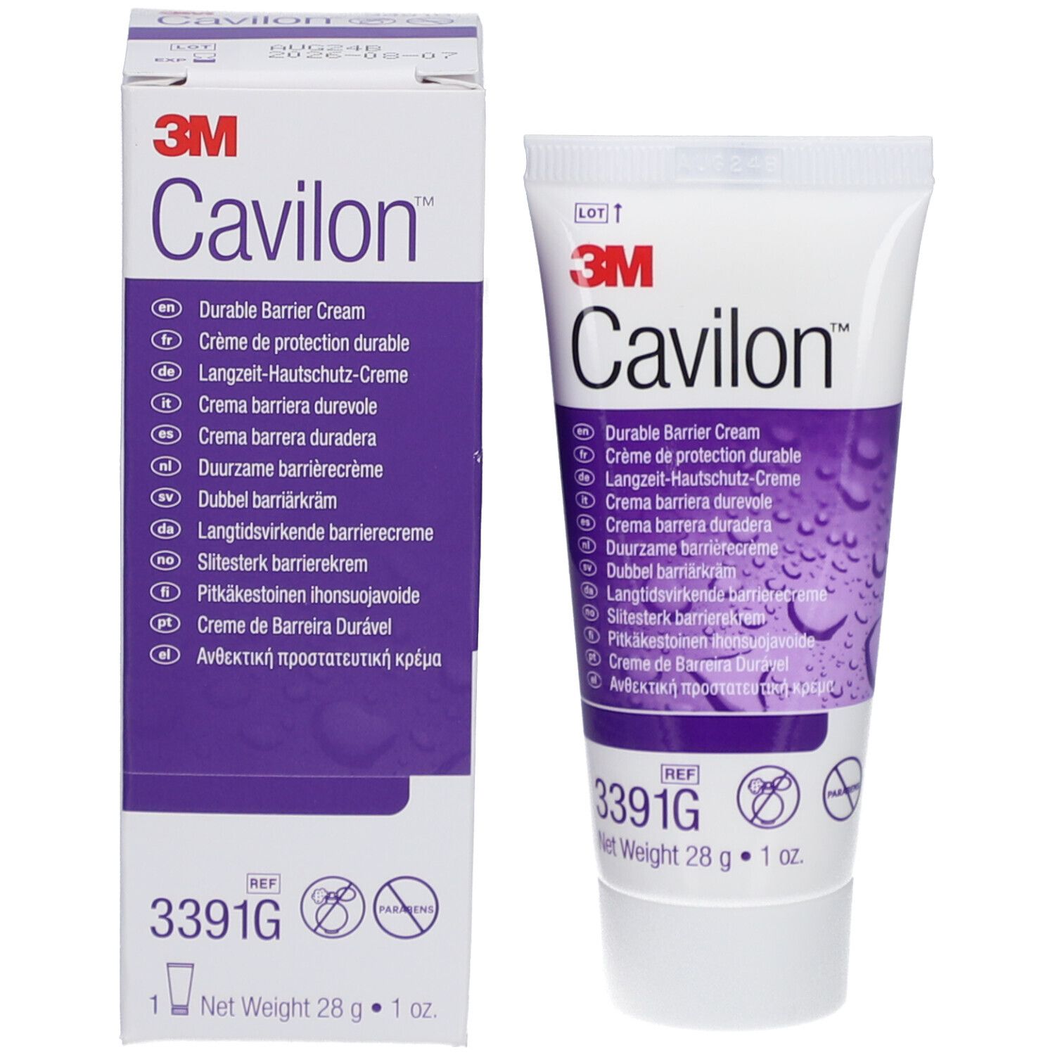 3M Cavilon Creme und Verpackung. Aufschrift: Durable Barrier Cream. Ref. 3391G. Net Weight 28 g.