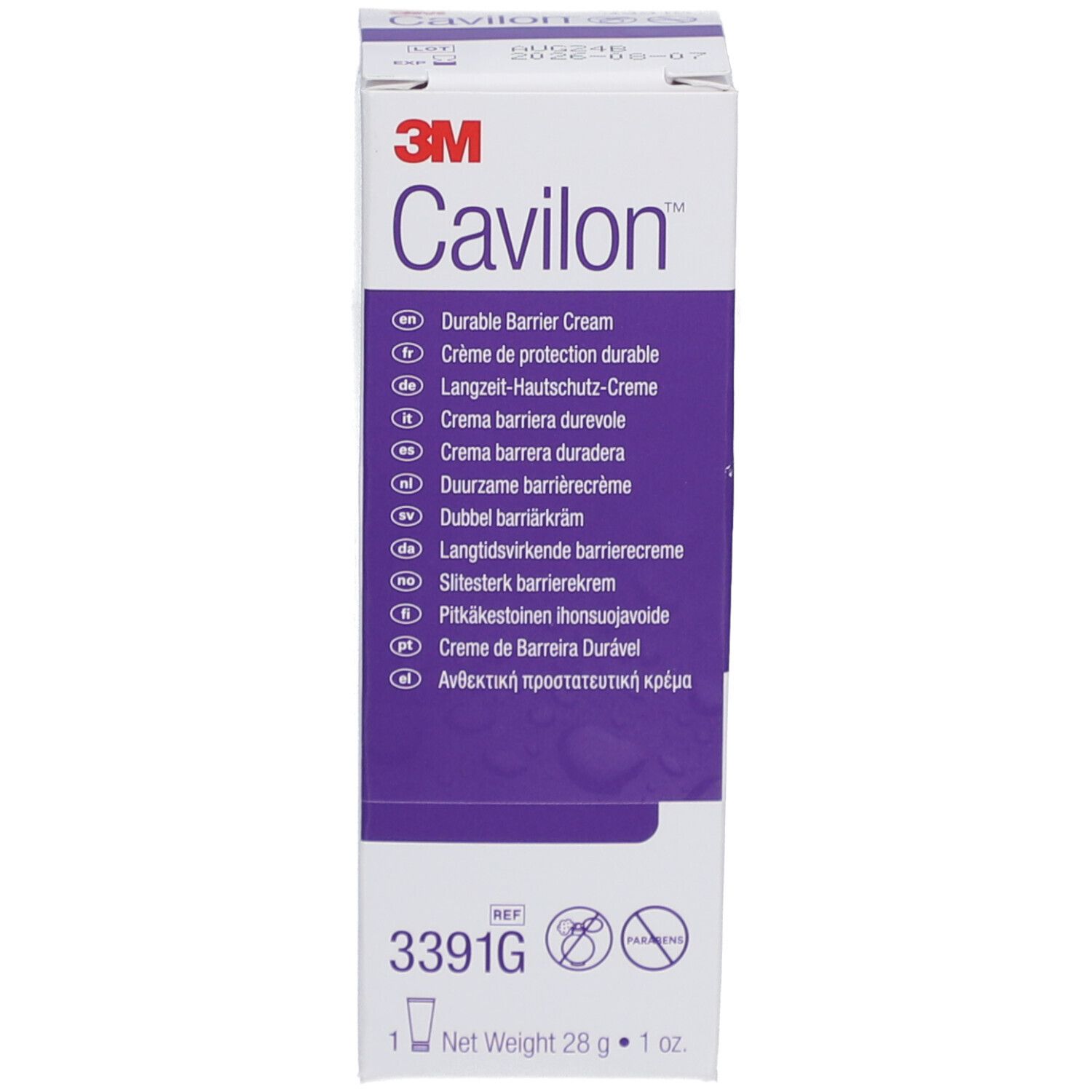 3M Cavilon Creme Verpackung. Aufschrift: Durable Barrier Cream. Ref. 3391G. Net Weight 28 g.