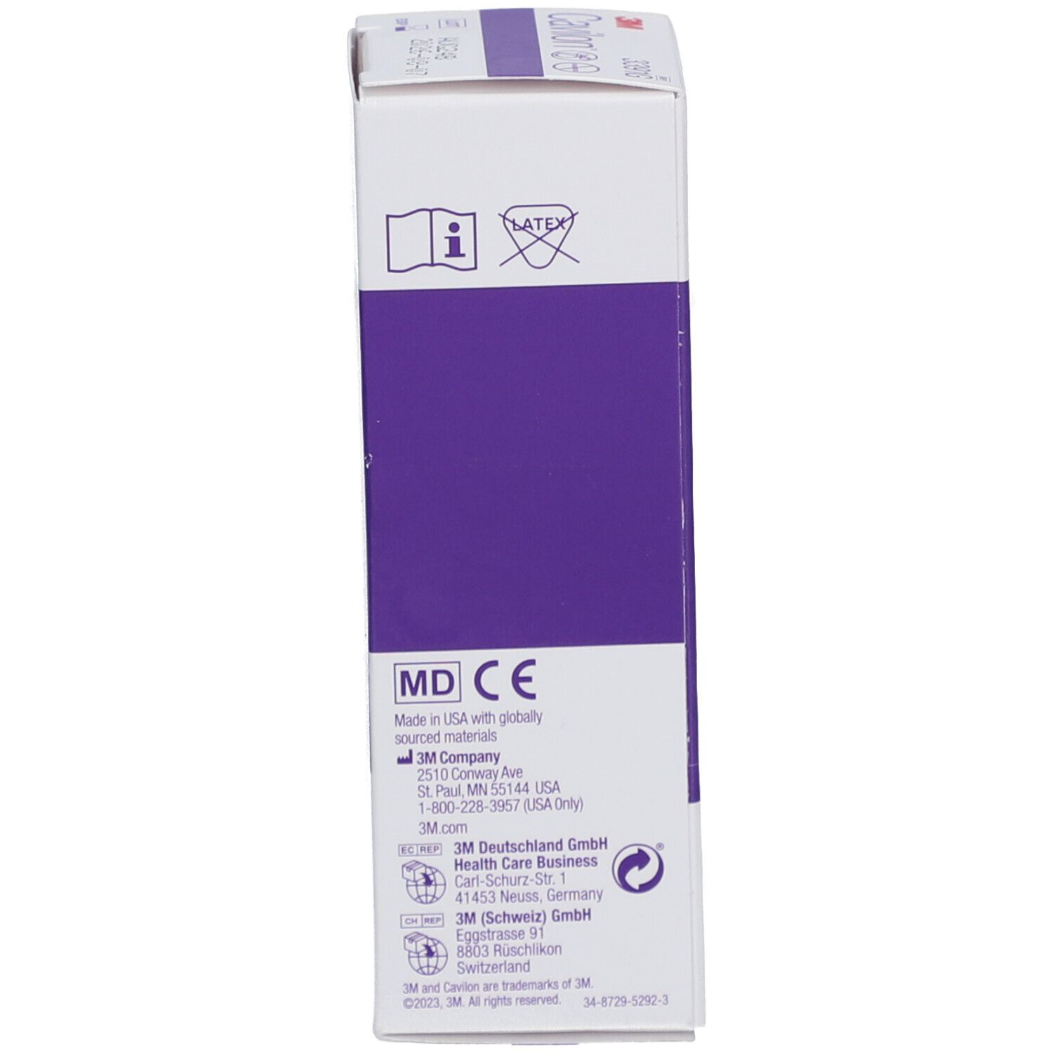 Seite der 3M Cavilon Creme Verpackung. MD-Zeichen, Herstellerinformationen und CE-Kennzeichnung.