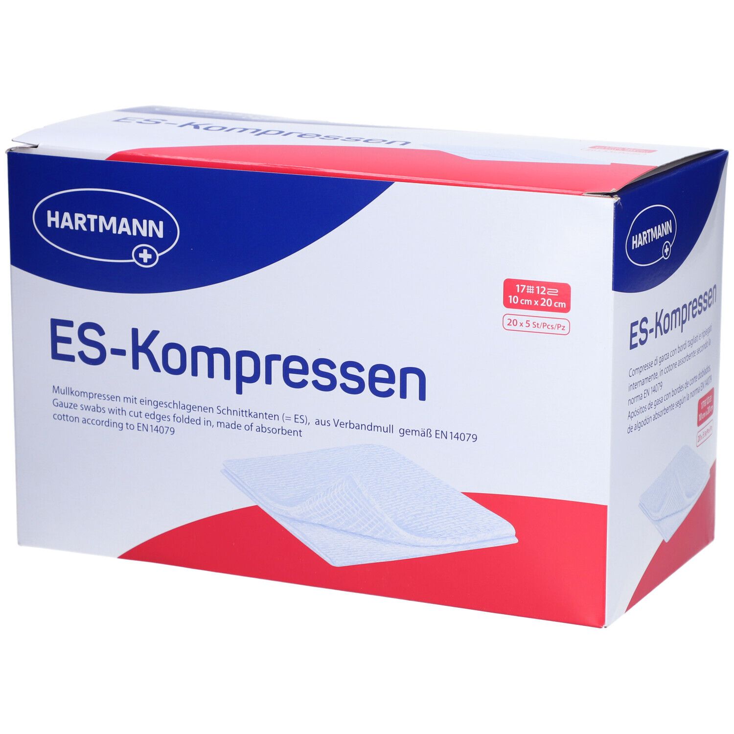 Hartmann ES-Kompressen Box. 10x20cm, 20x5 Stück. Mullkompressen mit eingeschlagenen Schnittkanten.