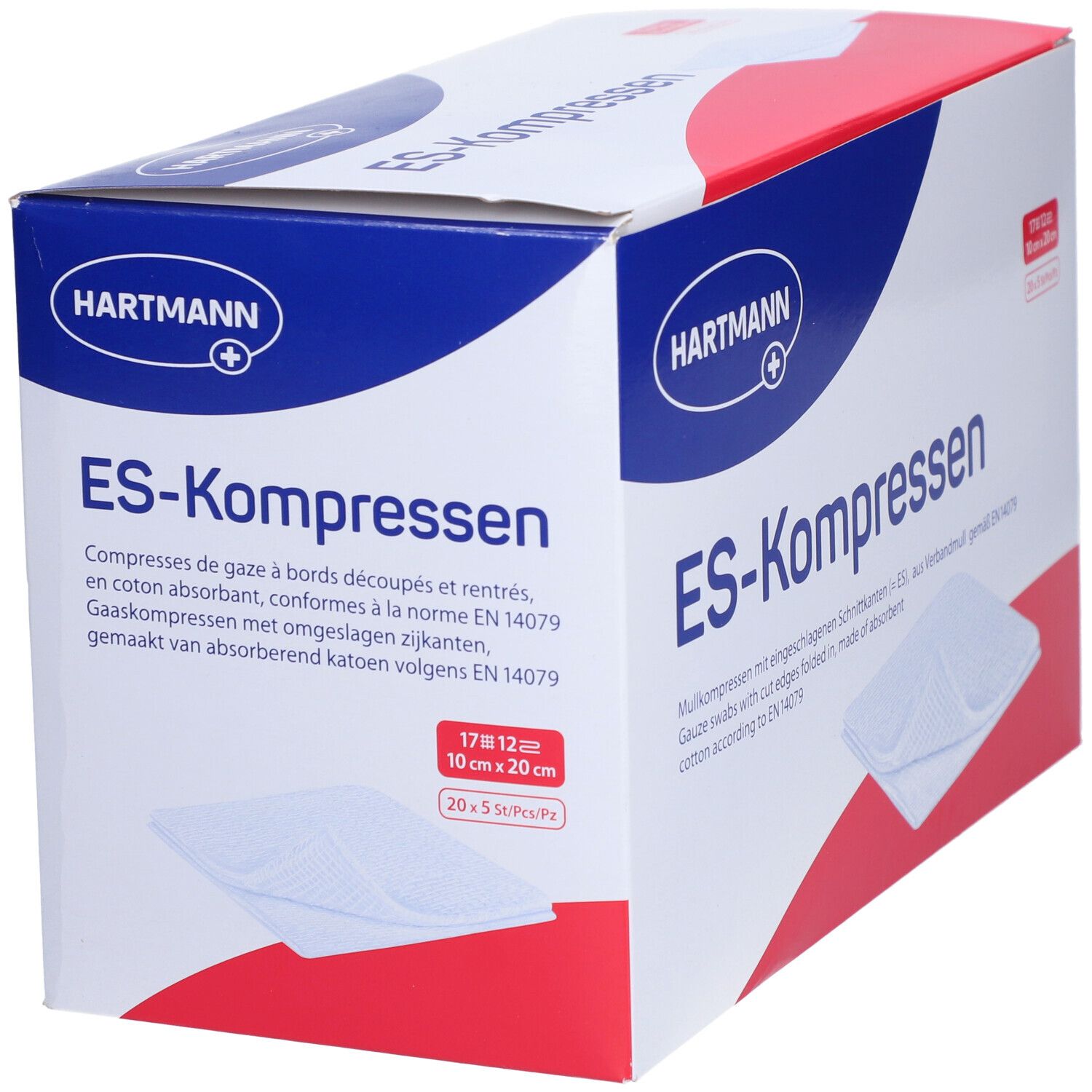 Hartmann ES-Kompressen Box. 10x20cm, 20x5 Stück. Mullkompressen mit eingeschlagenen Schnittkanten.