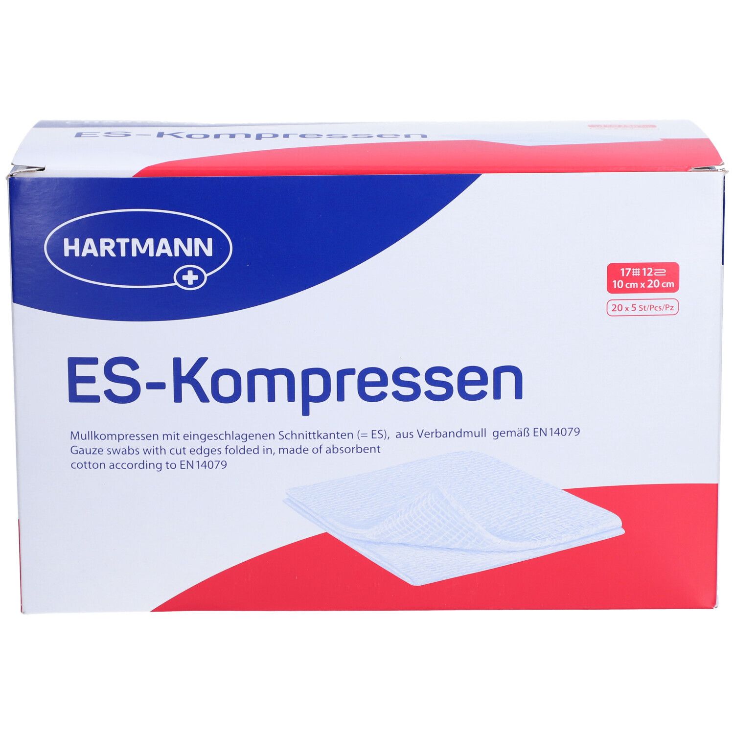 Hartmann ES-Kompressen Box. 10x20cm, 20x5 Stück. Mullkompressen mit eingeschlagenen Schnittkanten.