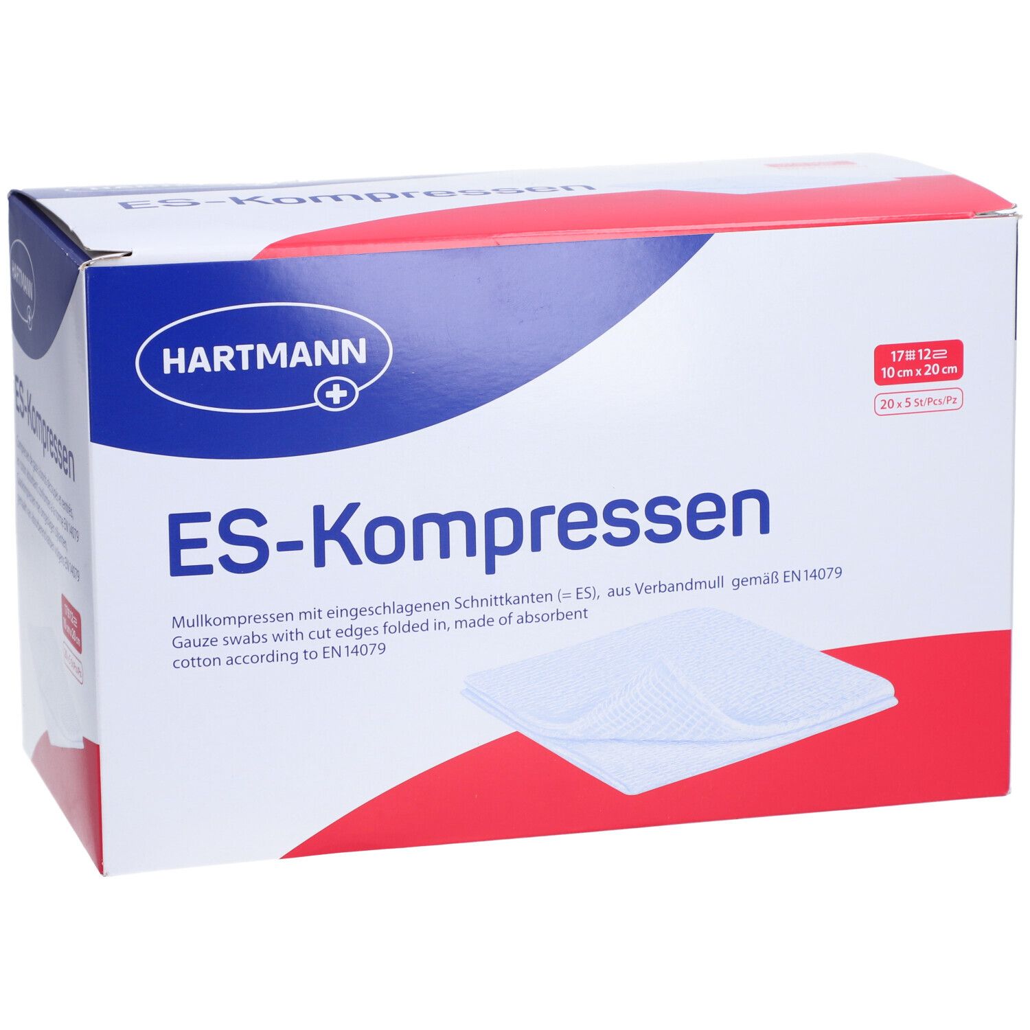 Hartmann ES-Kompressen Box. 10x20cm, 20x5 Stück. Mullkompressen mit eingeschlagenen Schnittkanten.