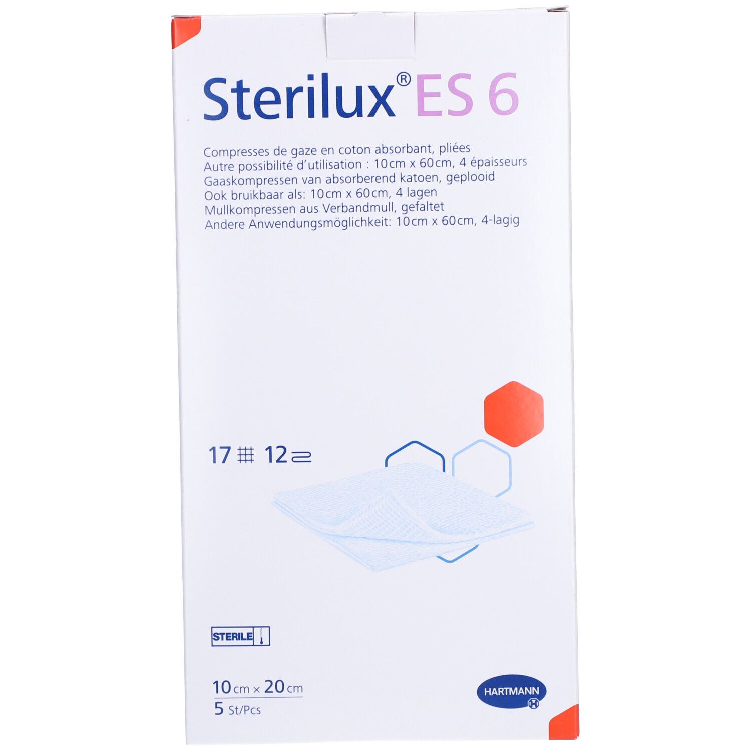 Verpackung mit Kompressen. Aufschrift: Sterilux® ES 6, 10x20cm, 5 Stück. Mit Logo und Text in mehreren Sprachen.