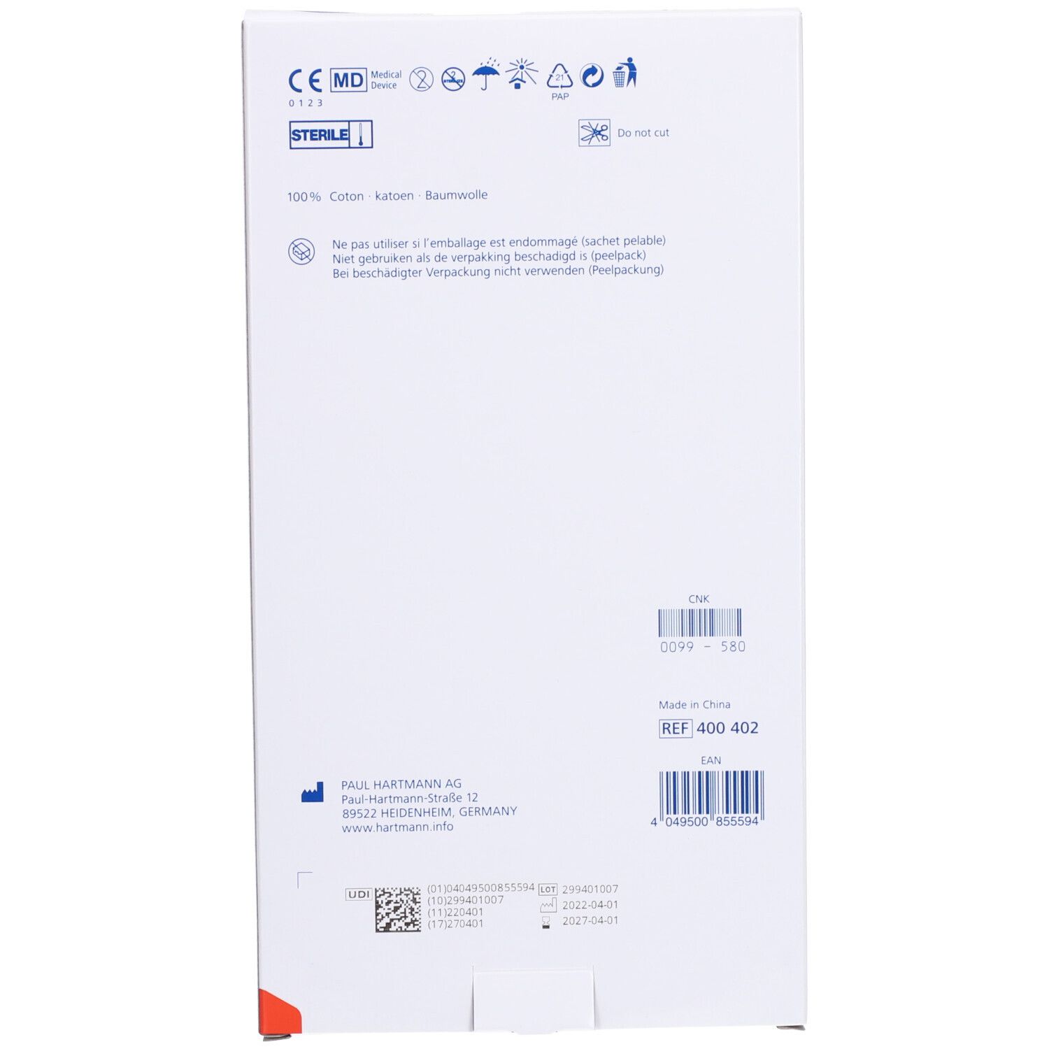 Rückseite der Verpackung. Text: 100% Baumwolle, sterile Kennzeichnung, Herstelleradresse. Mit Barcode und Chargennummer.