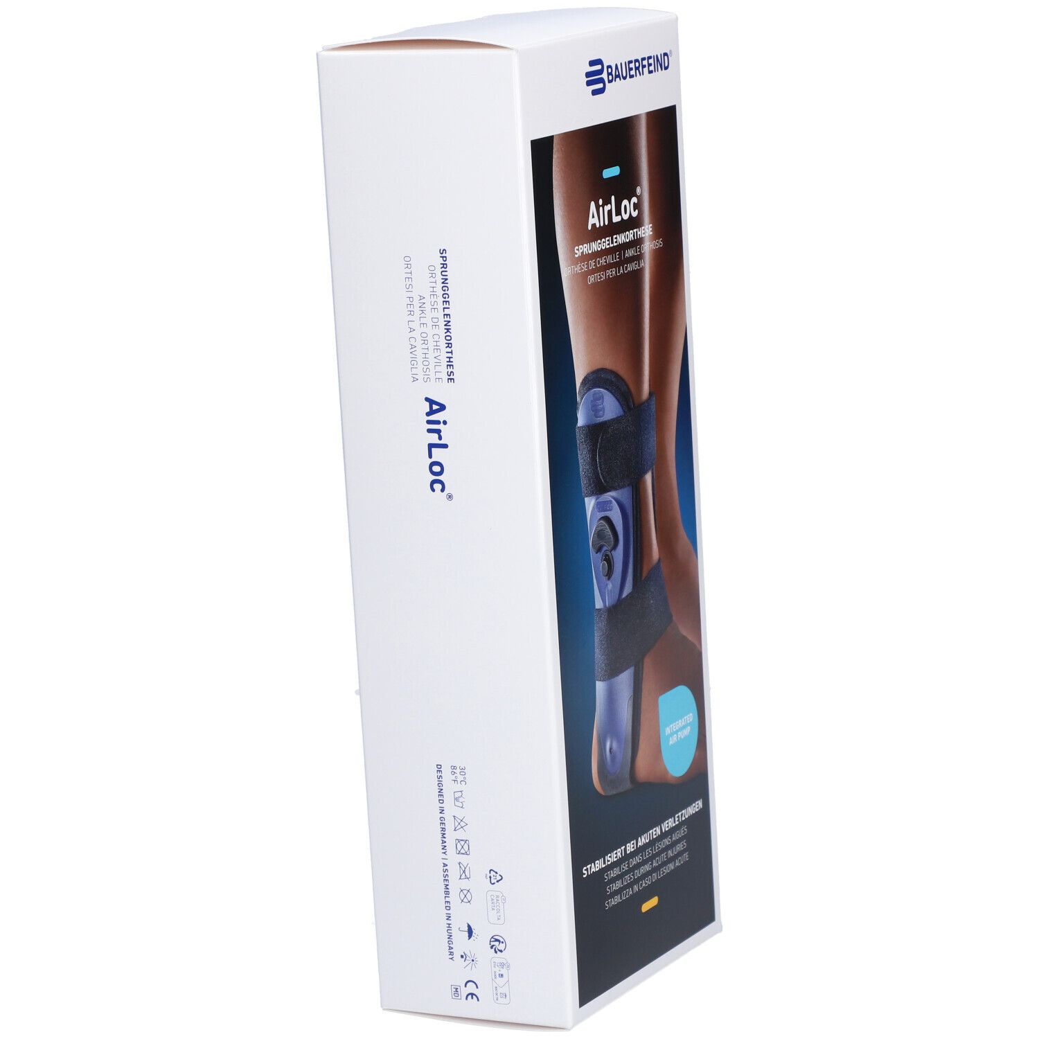 Verpackung der Bauerfeind AirLoc Knöchelorthese. Seitenansicht mit Produktabbildung und Text. Stabilisierung bei akuten Verletzungen.