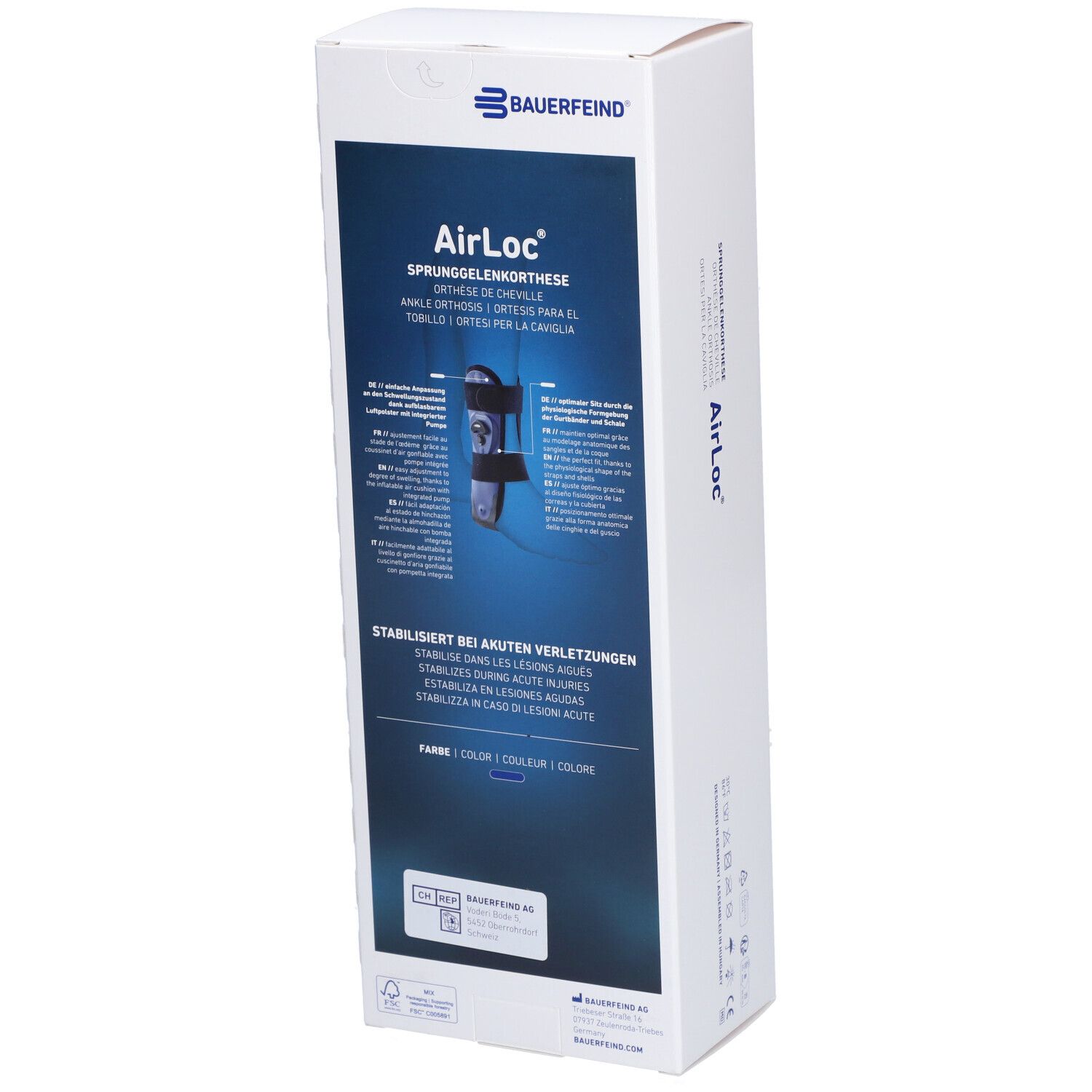 Verpackung der Bauerfeind AirLoc Knöchelorthese. Rückseite mit Produktabbildung und Text. Stabilisierung bei akuten Verletzungen.