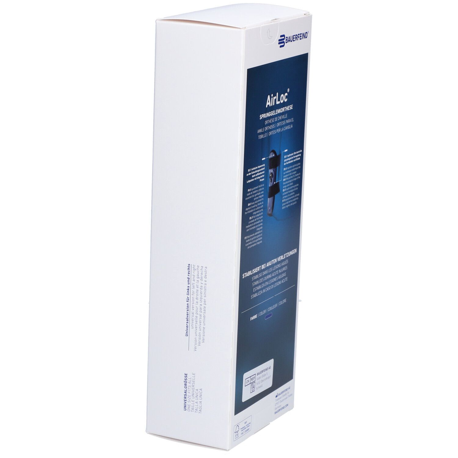 Verpackung der Bauerfeind AirLoc Knöchelorthese. Seitenansicht mit Produktabbildung und Text. Stabilisierung bei akuten Verletzungen.