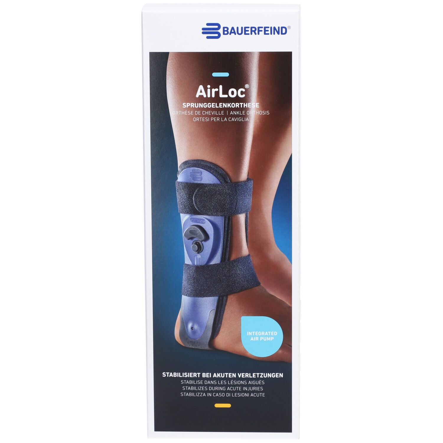 Bauerfeind AirLoc Knöchelorthese in Verpackung. Blau-schwarze Orthese am Bein, integrierte AirPump. Stabilisierung bei akuten Verletzungen.