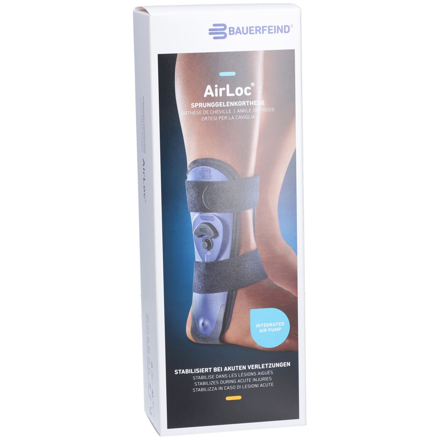 Bauerfeind AirLoc Knöchelorthese in Verpackung. Blau-schwarze Orthese am Bein, integrierte AirPump. Stabilisierung bei akuten Verletzungen.