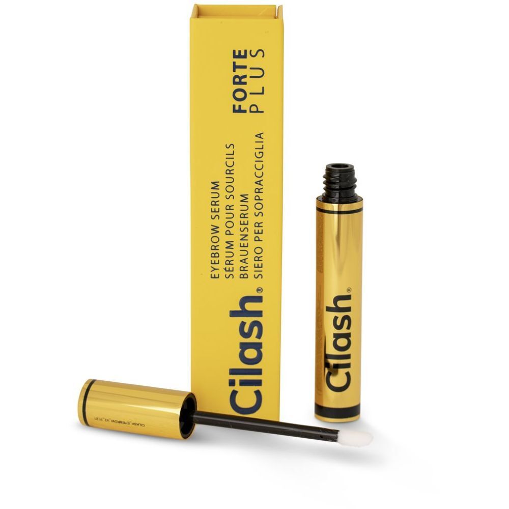 Goldfarbene Flasche und gelbe Schachtel mit "Cilash FORTE PLUS". Enthält Augenbrauenserum. Mit Applikator.