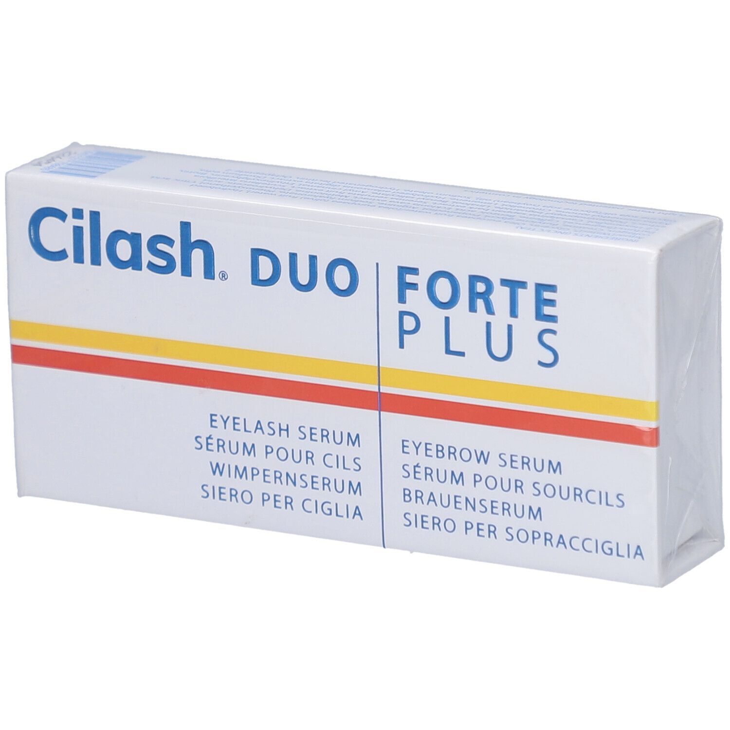 Verpackung von CILASH FORTE PLUS DUO. Weißer Karton mit Produktnamen und Serum-Bezeichnungen in mehreren Sprachen.