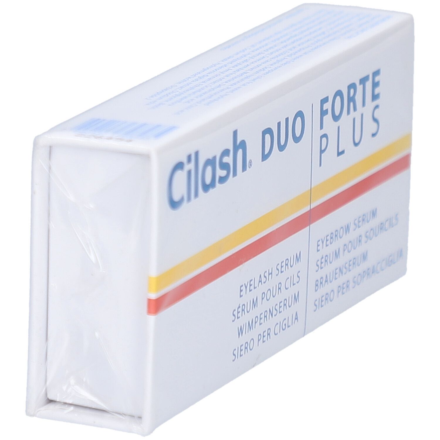 CILASH FORTE PLUS DUO Verpackung, schräg von oben. Weißer Karton in Folie verpackt, mit Produktnamen und Serum-Bezeichnungen.