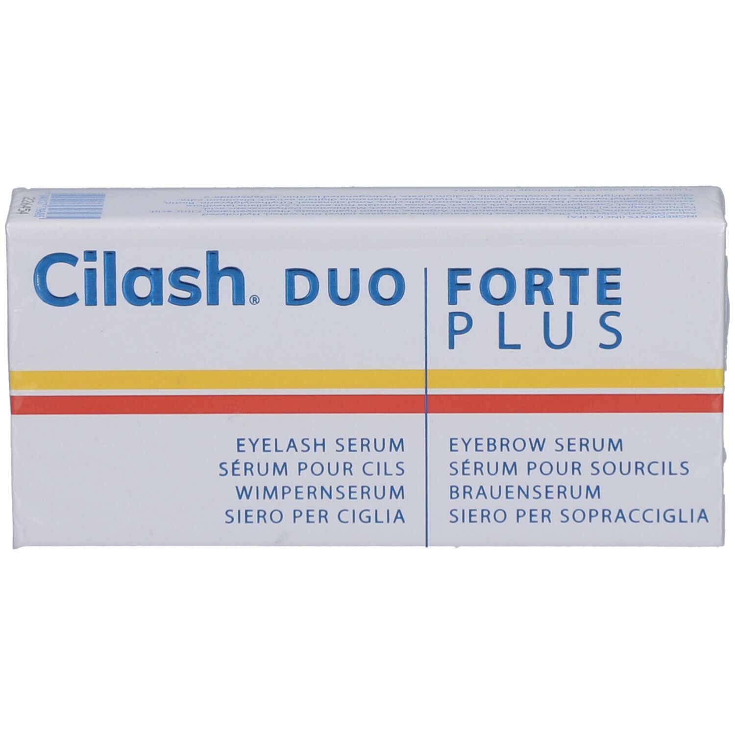 CILASH FORTE PLUS DUO Verpackung. Weißer Karton mit Produktnamen und Serum-Bezeichnungen in mehreren Sprachen.