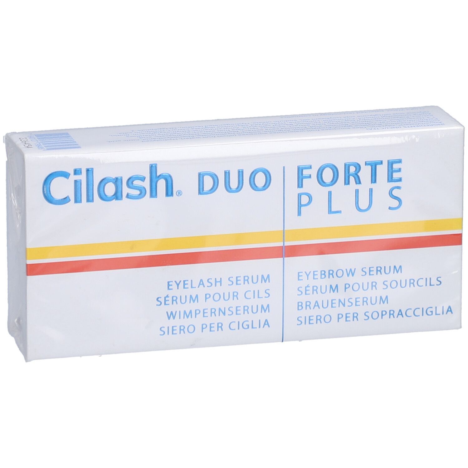 CILASH FORTE PLUS DUO Verpackung. Weißer Karton mit Produktnamen und Serum-Bezeichnungen in mehreren Sprachen.