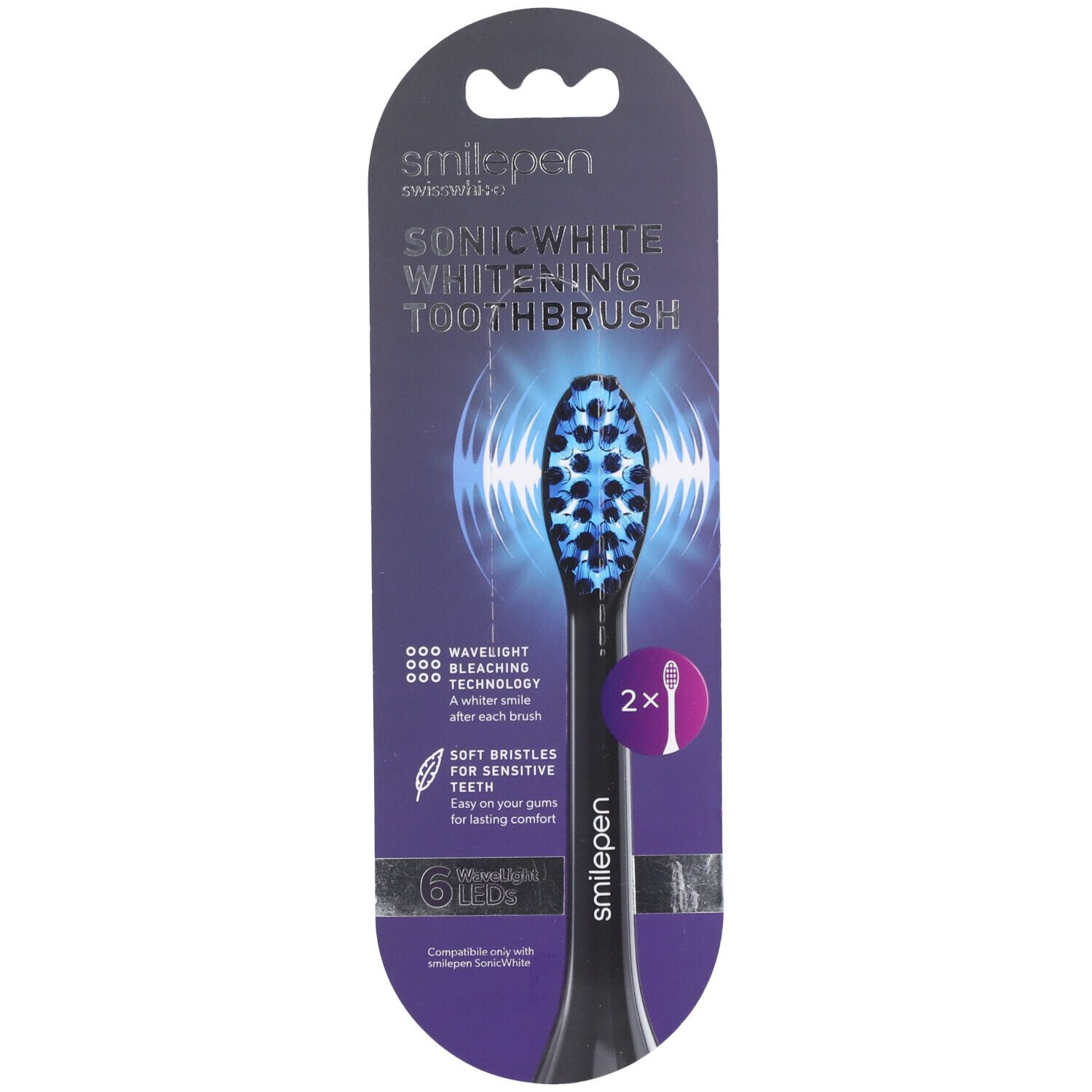 Schwarzer Bürstenkopf mit blauen Borsten. Aufschrift: "SONIC WHITE WHITENING TOOTHBRUSH". 6 LEDs und "smilepen" Logo sichtbar.