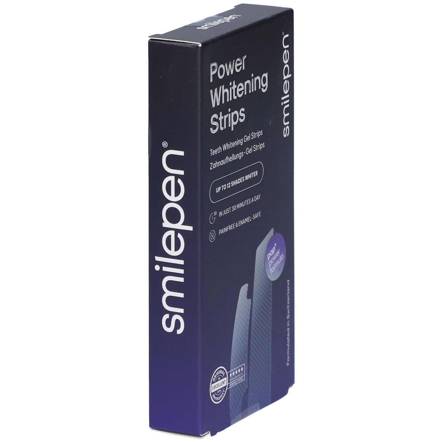 SMILEPEN Power Whitening Strips-Schachtel, schräg. Aufschrift: Power Whitening Strips, bis zu 12 Nuancen weißer.