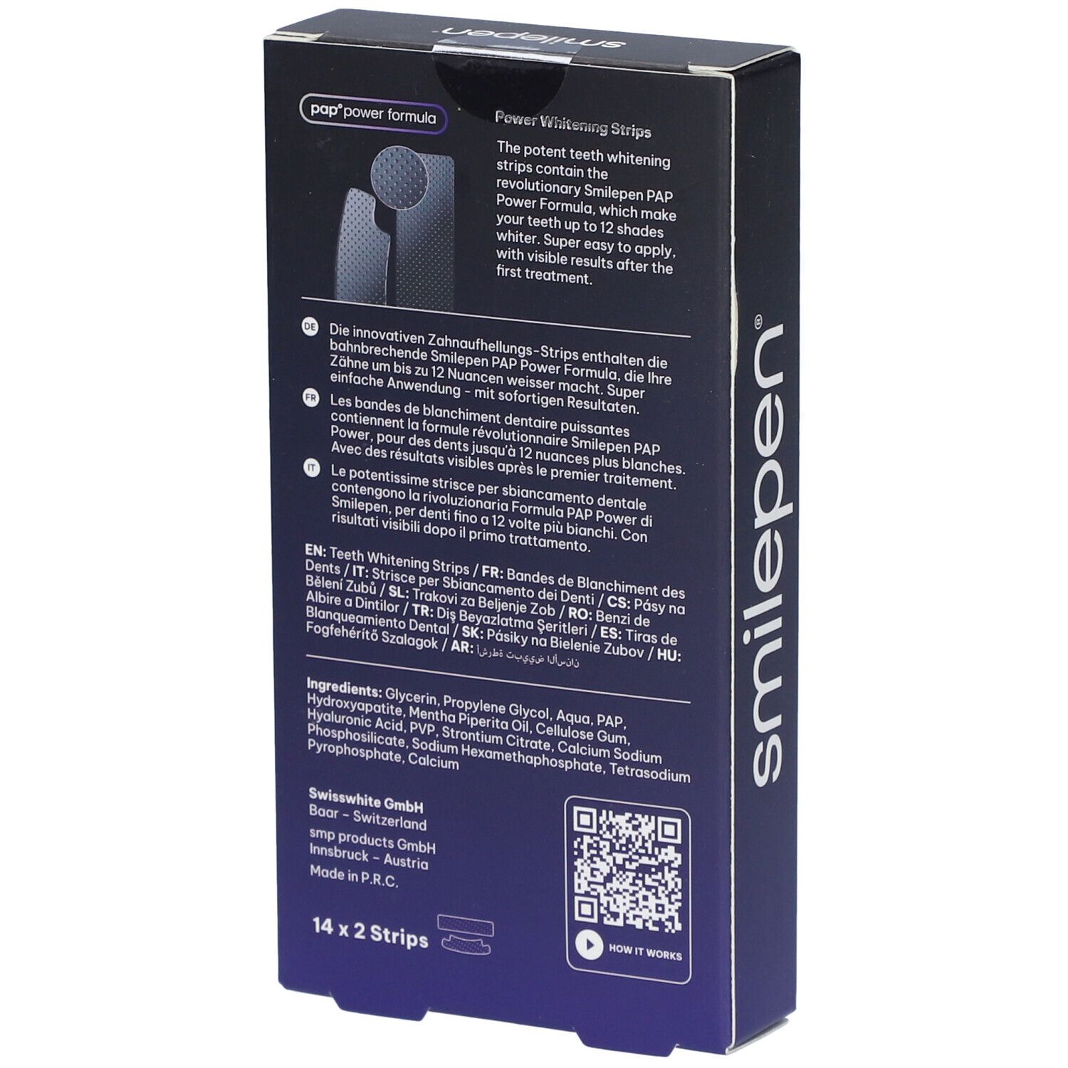 Rückseite der SMILEPEN Power Whitening Strips-Schachtel. Enthält Inhaltsstoffe und Anweisungen in mehreren Sprachen.