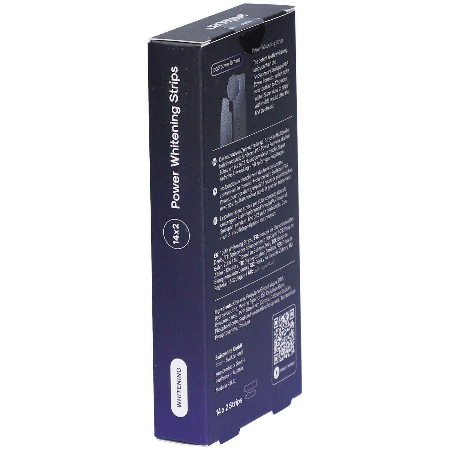 SMILEPEN Power Whitening Strips-Schachtel, schräg. Rückseite mit Inhaltsstoffen und Anweisungen.