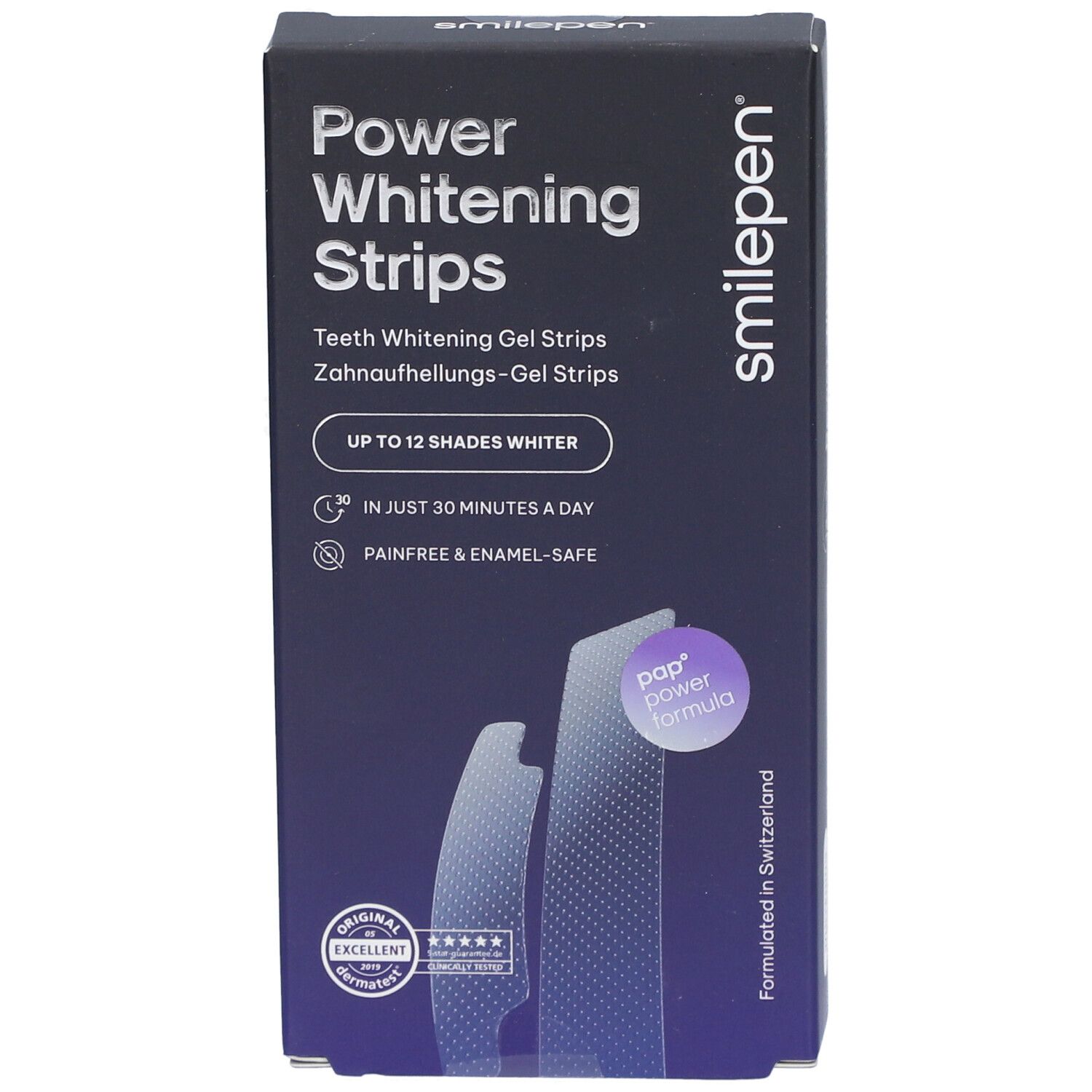 SMILEPEN Power Whitening Strips-Schachtel. Aufschrift: Power Whitening Strips, bis zu 12 Nuancen weißer.