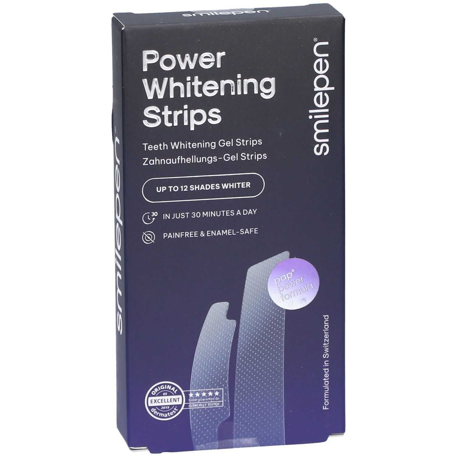 SMILEPEN Power Whitening Strips-Schachtel. Aufschrift: Power Whitening Strips, bis zu 12 Nuancen weißer.