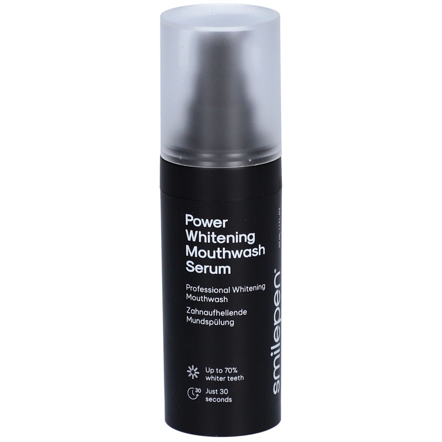 Schwarze Flasche mit transparentem Deckel. Beschriftung: Power Whitening Mouthwash Serum, smilepen. Bis zu 70% hellere Zähne.